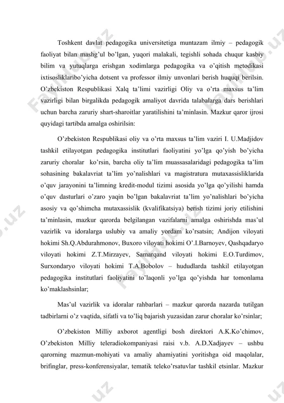 ni bugungi kunda o’rganish 2. bu sohadagi yangliklardan habardar bo’lish 3. bu sohadagi metodlarni o’rganish va bularni tadbiq qilish i bob. pedagogika fani metadologiyasi pedagogik fanlar metodologiyasining umumilmiy tamoyillari.ilmiy bilishda umumiy metodologiya va xususiy metodoiogik asos mavjud.umumiy metodologiya falsafaning dialektik qonunlari, ilmiy bilishhaqidagi ta’limotlar, jamiyat taraqqiyotning hozirgi davridagikonsepsiyalar, milly g’oya, mafkura. pedagogik fanlar metodologiyasiningumumilmiy metodoiogik tamoyillariga quyidagilar kiradi:muvofiqlik tamoyili - ilmiy bilishning mazkur sohasida bilimlaming yangi tamoyillar, g’oyalar konsepsiyalar asosida tizimga solish. tomdiruvchanlik tamoyili - tadqiqotning ko’pgina obyektlarimikrodunyoning zarraga o’xshash eng oddiy obyektlaridan tortib insonva jamiyat singari murakkab obyektlarigacha. qarama-qarshinazariyalarni birlashtirish asosida to’la tavsiflanishi. verifikatsiya tamoyili - mohiyat e ‘tibori bilan formal mantiqniyetarli asoslash.falsafikatsiya tamoyili - mazkur tamoyilga binoan faqat inkor etish orqali tekshirib ko’rish imkoniyati bo’lgan bilim ilmiy bilim bolishi mumkin. reduksiya tamoyili - ma’lum yaxlitlik tizim murakkabligini uning nisbatan sodda tarkibiy qismlari unsurlari orqali bilishdir. yaxlitlik tamoyili - tadqiq qilinayotgan obyektlaming alohida yaxlit xossalarini boshqa ob’ekitlar bilan o’zaro …