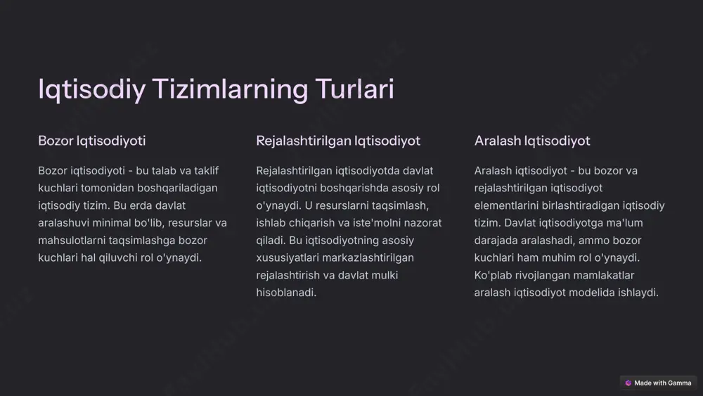 ishlash chiqindilarni qayta ishlash resurslarni tejashga yordam beradi va atrof-muhitni muhofaza qiladi. innovatsiyalar yangi texnologiyalar va innovatsiyalar iqtisodiy aylanishlarning samaradorligini oshirish va resurslarni tejamli ishlatishga yordam beradi. 8 iqtisodiy tizimlar va barqarorlik 1 atrof-muhitni muhofaza qilish iqtisodiy aylanishlarning atrof-muhitga ta'sirini minimallashtirish va ekologik barqarorlikni ta'minlash muhimdir. 2 ijtimoiy adolat iqtisodiy tizimlar hamma uchun adolatli va teng imkoniyatlarni ta'minlashi kerak. 3 iqtisodiy o'sish iqtisodiy o'sish barqaror bo'lishi kerak, ya'ni u atrof-muhit va jamiyatga zarar bermasdan davom etishi kerak. 9 iqtisodiy tizimlarning kelajagi 1 texnologiya texnologiya iqtisodiy tizimlarni o'zgartirishda katta rol o'ynaydi. avtomatlashtirish, sun'iy intellekt va katta ma'lumotlar iqtisodiy faoliyatni o'zgartiradi. 2 globalizatsiya globalizatsiya davom etadi, bu esa mamlakatlar o'rtasida savdo va investitsiyalarni kuchaytiradi. bu iqtisodiy o'sishni rag'batlantirishi mumkin, ammo shuningdek, yangi muammolarni ham keltirib chiqarishi mumkin. 3 barqarorlik barqarorlik iqtisodiy tizimlarning asosiy maqsadiga aylanadi. atrof-muhitni muhofaza qilish va ijtimoiy adolatni ta'minlash iqtisodiy o'sish bilan birga boradi. 10 xulosa iqtisodiy tizimlar va …