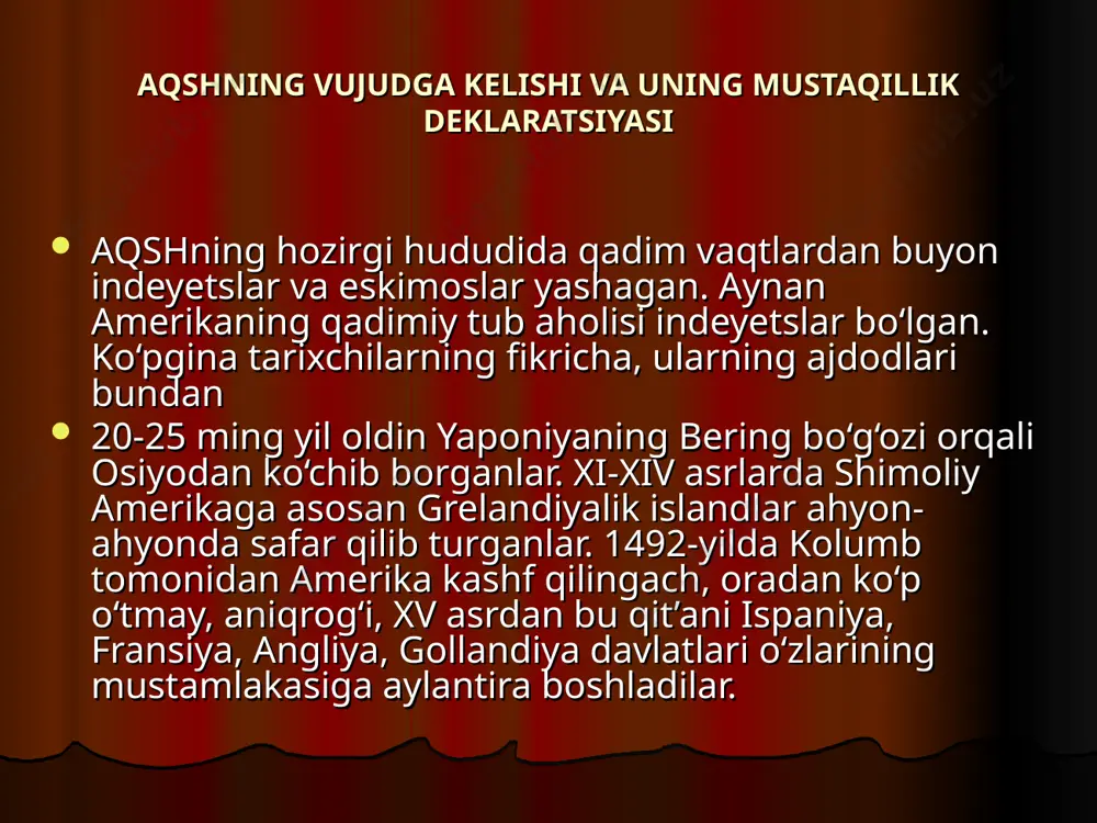 6 iyundagi «kvebek qonuni» (yerni tortib olishga qaratilgan) kabi qat’iy tartibni o‘rnatishga qaratilgan qonunlarning qabul qilinishi inqilobiy kayfiyatni kuchaytirib yuboradi va xalqni mustaqillik uchun urushga chorlaydi. 1774-yil 5-sentabrda mustamlakalar aholisi angliyaga qarshi kurash choralarini ishlab chiqish uchun o‘z vakillarini birinchi qit’a kongressiga yuboradi. kongress angliya qirolidan mustamlakalar manfaatini buzadigan qonunlarning bekor qilinishini talab qildi va ingliz tovarlariga «boyqot» e’lon qildi. 1775-yil 19-aprelda boston shahri yaqinida qurol-yarog‘ omborlarini bosib olishga harakat qilgan angliya askarlari kolonistlar tomonidan tor- mor keltiriladi. bu kun mustaqillik uchun urushning boshlanishi bo‘ldi. bu davrga qadar inqilobiy omma kongressni - oliy hokimiyat, deb bilgan. biroq kongress uzoq vaqtgacha ta’sis majlisi rolini bajarishdan o‘zini tortib kelardi. bu vaqtga kelib esa, kongress - qo‘zg‘olon ko‘targan mustamlakachilarning hukumati, markaziy inqilobiy organi bo‘lib qoladi. kongress tomonidan doimiy armiya tuzish haqida qaror qabul qilinib, jorj vashingiton oliy bosh qo‘mondon etib saylanadi. shuningdek, angliya qiroliga petitsiya yuboradi. unda qirolga sadoqat, barcha masalalarni tinch yo‘l …