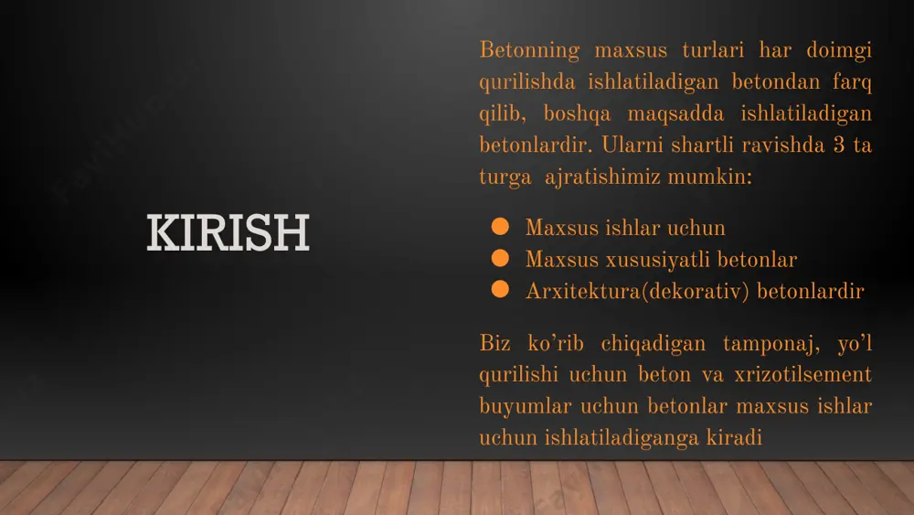 iyalarni hisobga olib beton deformatsiya choklari qoldirilib quyilishi kerak. beton quyilgach, dastlabki kunlarda suvning bug'lanishini kamaytirish maqsadida uning yuzasi maxsus qoplamalar (etinol loki, bitum va qatron emusiyalari, suvda eriydigan polimerlar va sh.k. lar) bilan himoyalanadi. yo’l uchun sement yo’llarni va aerodromlarni ta’mirlash uchun ishlatiladi. asosan tekislikni ustki qatlamini shakllantirish uchun qo’llaniladi. u yo’nalishiga ko’ra 2 ga : aerodrom yopmalari: transport qurilishida qo’llaniluchi temir-beton buyumlar va ko’prik konstruksiyalarga ajratiladi. avtomobil yo’llari uchun sement. texnik talablar. ishlatiladigan sement цем-i, цем ii/a-ш(granulalangan shlak 15%dan oshmasligi lozim), mustahkamlik klasslari 32.5b, 42.5b, 52.5b, egilishga mustahkamligi esa 32.5-42.5b gacha oraliqda 5.5 mpa, 42.5-52.5b oralig’ida6 mpa, 42.5-52.5b oralig’ida esa 6.5mpa bo’ladi. tutilish 2 soatdan oldin emas. suv ajratish yoki suv o’tqazuvchanligi 28%dan oshmasligi, quyuqligi 30%dan, c3a yani 3 kalsiy alyuminat klinker massasiga nisbatan 7%, c3s(alit) esa 55%. qo’shimcha sifatida faqat domna granulalangan shlaki yoki gost 31108 yo’l qo’yadiga ixtiyoriy qo’shimcha komponentlar ishlatiladi. sement uchun gost 4013 bo’yicha …