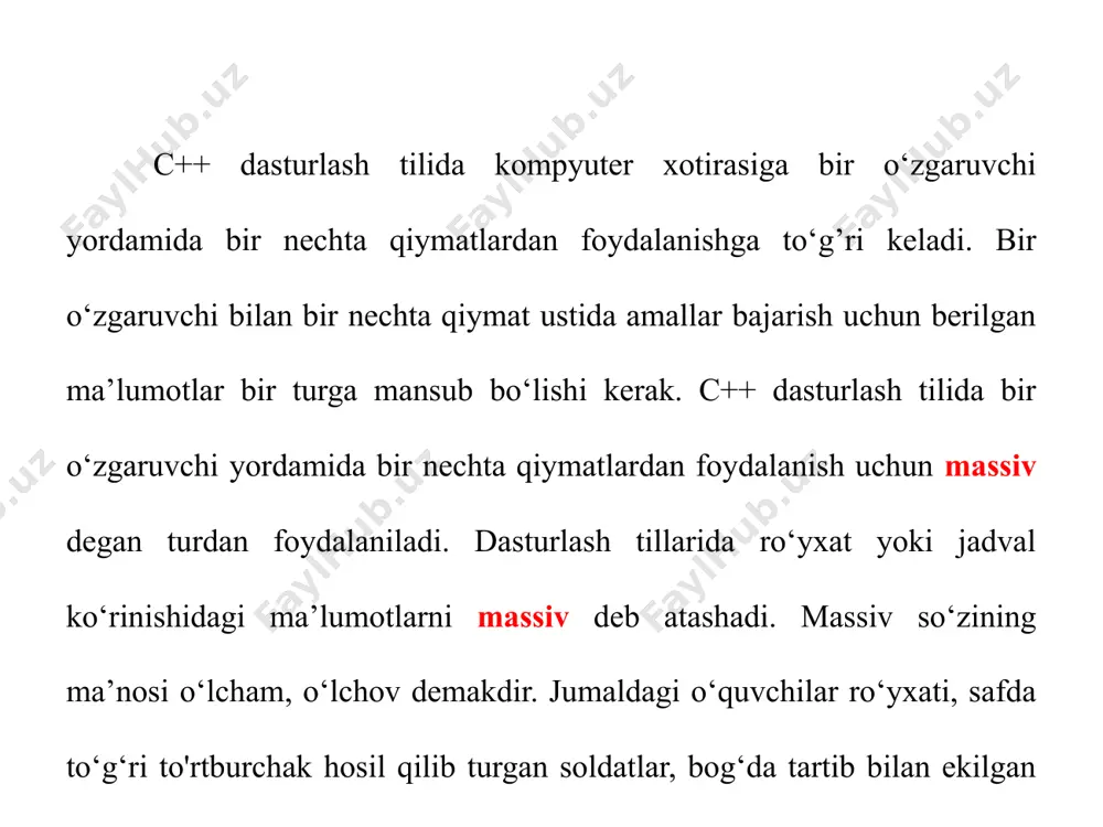 tirish mumkin. vektor ham yagona nom bilan saqlanib uning tarkibida bir nechta qiymatni o‘zida mujassamlashadi. vektorning ham elementlari bir turga mansub va tartiblangan bo‘ladi. massivlar holatiga ko‘ra ikki turga bo’linadi. - bir o‘lchovli massivlar; - ikki o‘lchovli massivlar; bir o‘lchovli massivlar ma’lumotlarni bir satrli ko‘rinishda saqlasa, ikki o‘lchovli massivlar esa ma’lumotlarni matritsa ko’rinishida saqlaydi. massivlar holatiga ko‘ra ikki turga bo’linadi. - bir o‘lchovli massivlar; - ikki o‘lchovli massivlar; bir o‘lchovli massivlar ma’lumotlarni bir satrli ko‘rinishda saqlasa, ikki o‘lchovli massivlar esa ma’lumotlarni matritsa ko’rinishida saqlaydi. bir o‘lchovli massivlarni c++ dasturlash tilida bir nechta usullarda e’lon qilish mumkin. bir o‘lchovli massivlarni boshlang’ich qiymatlari berilmasdan c++ dasturlash tilida quyidagicha e’lon qilinadi. [ ]; massivni c++ dasturlash tilida e’lon qilish uchun, albatta, elementlar soni yoki massiv elementlarining boshlang’ich qiymatlari berilishi kerak. masalan, float a [20];. bunda float - massiv turi, a - massiv nomi. massiv nomi faqat bitta harfdan iborat bo’lmasdan ixtiyoriy identifikator ham …