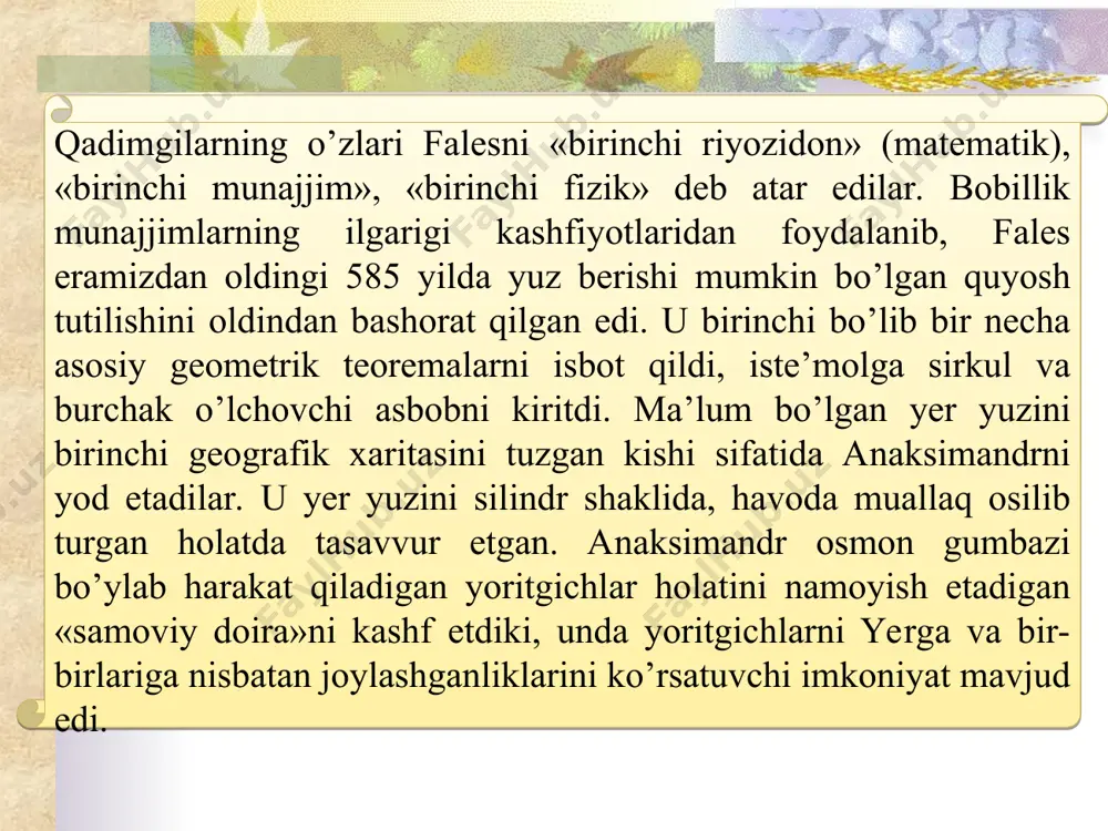 alarga bo’linganlik tizimi o’zining quyi tabaqalar faoliyati ustidan jamiyat yuqori tabaqalarining qat’iy nazorati o’rnatilishi orqali sinchkovlik bilan ishlab chiqilgan edi. polis tepasida bilimga ega bo’lgan kishilar, faylasuflar turishi lozim edi. arastu (er.ol. 384-322yy.) tarixga ensiklopedik olim sifatida kirdi. uning merosi eramizdan oldingi iv asrgacha yunon fani to’plagan haqiqiy bilimlar majmuasi edi. ba’zi ma’lumotlarga qaraganda, uning tomonidan yozilgan asarlarning soni mingtaga yaqinlashadi. o’z ustozi aflotundan farqli o’laroq, arastu fikricha, moddiy olam birlamchi bo’lib, g’oyalar dunyosi ikkilamchidir. faylasufning «organon» deb umumiy nom olgan mantiqiy asarlari haqiqat va tafakkur qonunlari haqidagi ta’limotdir. o’rta asrlarda «organon» eng mashhur va o’qiladigan asar bo’lib, o’rta asrlardagi barcha sxolastika (borliqni tekshirish va o’rganishga emas, balki din aqidalariga suyangan idealistik falsafa) uning asosiga qurilgan edi uning qalamiga shunday axloqiy risolalar mansubki, ularda xayrli ish tushunchasi ostida insonlar faoliyatini oqilona boshqarish yetar edi. * ravoqiylar insonning axloqiy muammolariga alohida diqqat-e’tibor qaratdilar. ularning maqsadi polis tuzumining inqirozi, to’xtovsiz harbiy va …