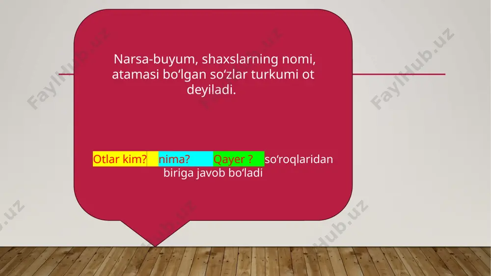 turdagi narsaning o‘zini ifodalaydigan otlar yakka otlar hisoblanadi: kitob, gul, daraxt kabi. birlik shaklida bo‘lib, bir xil turdagi narsaning to‘dasi, jamini ifodalaydigan otlar jamlovchi otlardir: xalq, armiya, ko‘pchilik, poda, jamoa, o‘rmon kabilar. . sanaladigan otlar, sanalmaydigan otlar. sanaladigan otlar, asosan, aniq otlardan tashkil topadi: daraxt, kitob, qalam. sanalmaydigan otlar modda otlari, og‘irlik, suyug‘lik o‘lchamiga xos otlar va atoqli otlardan tashkil topadi: tuproq, qum, havo, shakar, tuz, yog‘, guruch, kabilar. . bundan tashqari, tabiatan yakka bo‘ladigan va juft holda uchraydigan otlar ham mavjud bo‘lib, ular ham otning alohida ma’no turini tashkil qiladi. masalan: yurak, quyosh, oy, ko‘z, qosh, oyoq kabilar shular jumlasidandir. shuningdek, otlar kim? so‘rog‘i asosida shaxs hamda nima? so‘rog‘i asosida narsa otlariga ham ajratiladi. otlarning bunday tasniflanishi o‘zbek tilining, shu jumladan, boshqa turkiy tillarning o‘ziga xos xususiyatini belgilaydi. ayni paytda bu tasnif ularning turli grammatik jarayonda ishtirokida ham o‘z aksini topadi. xususan, shaxs otlari to‘liq tuslovchi affikslarni qabul qilgan …