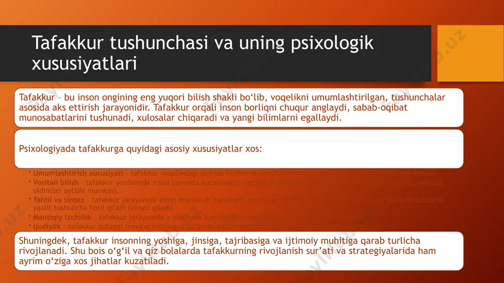 formatika) ko‘proq faollik ko‘rsatadi. mantiqiy asoslangan qarorlar – o‘g‘il bolalar ko‘pincha hissiyotlardan ko‘ra mantiqqa tayanib qaror qabul qiladi. bu ularda strategik fikrlashning shakllanishiga yordam beradi. qiz bolalarda tafakkur strategiyalarining asosiy xususiyatlari qiz bolalarning tafakkur jarayonlari ko‘proq intuitiv, hissiy-idrokiy va nutqiy yo‘nalishda rivojlanadi. ularning tafakkur strategiyalari quyidagi xususiyatlar bilan ajralib turadi: intuitiv fikrlashga moyillik – qiz bolalar ko‘pincha qaror qabul qilishda his-tuyg‘u va ichki sezgiga tayanadilar. nutqiy tafakkur ustunligi – ular o‘z fikrini izchil, mantiqan va obrazli tarzda ifoda etishda ustunlikka ega. hikoya qilish, matn yozish va muloqotda faollik ko‘rsatadilar. hissiy idrok kuchliligi – qiz bolalar vaziyatni faqat mantiq orqali emas, balki hissiyotlar orqali ham tushunishga moyildirlar. bu ularga boshqalarning kayfiyatini tez sezish imkonini beradi. ijodkorlik va tasavvur – ular san’at, adabiyot, qo‘shiq, qo‘l mehnati kabi faoliyatlarda ko‘proq qobiliyat namoyon etadi. tasavvur kuchi tafakkur jarayonini boyitadi. hamkorlik va muloqotga intilish – qiz bolalar muammoni hal qilishda boshqalar bilan maslahatlashishni, jamoada ishlashni …