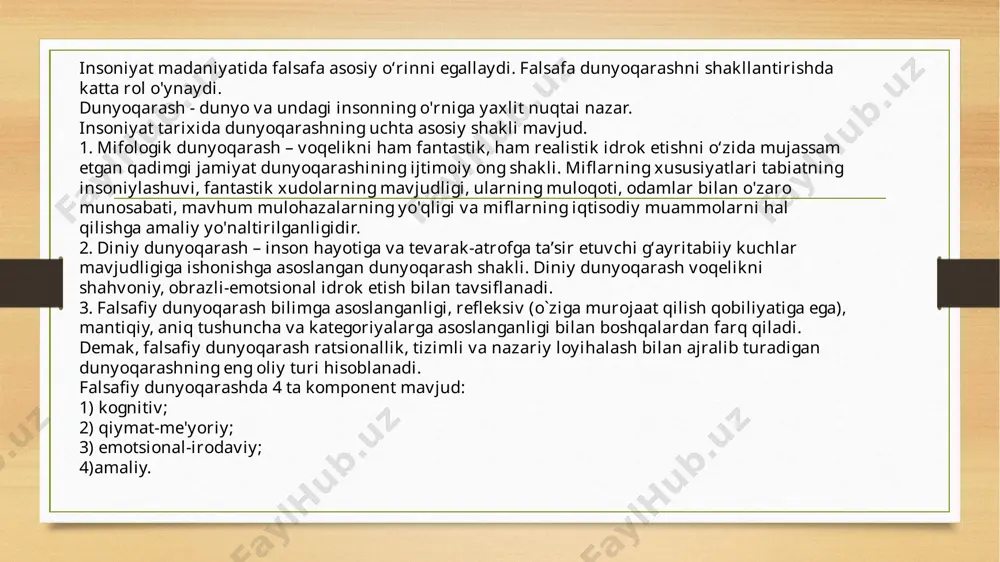 dir. chunki milliy g'oya «aholining barcha qatlamlarida mafkuraviy, madaniy-ma'rifiy, tarbiyaviy ishlarni izchil ravishda olib borish - bu zamon talabidir. mafkura har qanday jamiyat hayotida zarur, chunki mafkura bo'lmasa odam, jamiyat, davlat yo'lini yo'qotishi muqarrar».2 xulosa o'rnida shuni aytish mumkinki, milliy bagrikenglik -turli milatga mansub kishilarning birbirlarining tilini, dinini, turmush tarzi, urfodati va an'analarini, milliymadaniy merosini hurmat qilishni, ularning sha'ni, qadrqimmatini, ornomusini qadrlash orqali amalga oshadigan o'ziga xos ma'naviy kenglikni (bagrikenglikni) anglatadi. milliy bagrikenglik bunga zid bo'lgan, milliy manfaatga ziyon yetkazish hisobiga ta'minlanmaydi. u turli millat manfaatlarini uygun ko'rish va ta'minlash asosida mustahkamlanib boradi. image5.png image6.png image3.png image4.png /docprops/thumbnail.jpeg