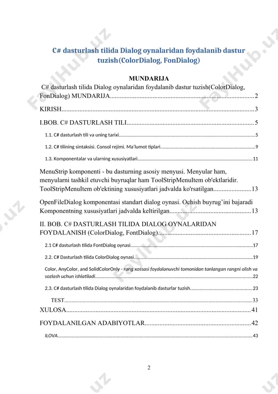 abki bilim va ko’nikmalarni hosil qiladi. qo’yilgan maqsadning muvaffaqiyatli bajarilishi uchun kurs ishlarini bajarishga quyidagi talablar qo’yiladi: · kurs ishida mavzuga taalluqli oliy majlis sessiyalari materiallari, o’zbekiston respublikasi prezidentining farmonlari, qarorlari, ma’ruzalari va prezident asarlaridan ma’lumotlar, byudjet tizimini boshqarish organlarining, xususan, o’zbekiston respublikasi moliya vazirligining qarorlari sharhi o’z aksini topishi lozim; · kurs ishini yozish jarayonida tadqiq etilayotgan mavzu va o’rganilayotgan amaliy ma’lumotlarga faoliyat samaradorligini oshirish imkoniyatlarini va zaxiralarini izlab topish va ishlatish, byudjet jarayonining bosqichlarini yaxshilash, iqtisodiyotni modernizatsiyalash va yangilashning bugungi sharoitida byudjet-soliq siyosatining turli dastak va vositalaridan foydalanish shakllari va usullarini takomillashtirish nuqtai nazardan ilmiy, ijodiy yondashish zarur; · kurs ishi mazmunini ravon adabiy tilda bayon qilish, tadqiqotlar va izlanishlar natijalarini rasmiy hujjatlarga qo’yiladigan asosiy talablarga rioya qilgan holda aks ettirish lozim. kurs ishining dolzarbligi: ushbu kurs ishi hozirgi kunda kompyuterda berilgan masalalarni dasturlash tillari orqali yechish va dasturda dialogs oynalaridan va shu kabi tushunchalardan foydalanish kabi vazifalarni …