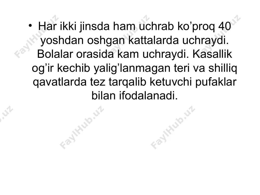aydo bo’lishi bilan ichining suyuq o’tishi kuzatiladi. kasallikning kechimi qaytalanib turuvchi umrbod davom etuvchi bo’lishi mumkin diagnostikasi : diagnoz klinik asoslarga qarab qo’yiladi -klinik ko’rinishlari - qonda va pufak suyuqligida eozinofillarning ko’payishi.eritramatoz elementlarni gistologig tekshirganda dermaning so’rg’ichsimon qavatida neytrofillar va eozinofillar to’planib qolgani aniqlanadi yodli sinama musbat bo’lishi (yadosson probasi) – 50% yodning kaliyli eritmasi teriga surtsak o’sha joyda toshmalar toshishi kuzatiladi. davosi: faqat dermotologlar nazorati ostida olib boriladi yengil kechganda diamino-difenil –sulfon(dds, dapson, avlosulfon) diutsifon va boshqalar. dds ga qarshi ko’rsatma bo’lganda sulfa piridin buyriladi natija yaxshi bo’lmaganda – kortisteroidli gormonlar, antigistamin preparatlar ichishga buyriladi; mahalliy –anilin bo’yoqlari, kortikosteroidli malhamlar(elekom, diprosalik va boshqalar) vitaminotrapiya b12 buyriladi parhez yod va glyuten tutuvchi ovqatlar berilmaydi. quyidagi preparatlar berish taqiqlanadi : yodid , kaliy yodid 200 berlin –xemi “, betadin", ‘’polividol yod“ l tiroksin berlin -xemi gerpetiform dermatiti gerpetiformli ‘’dyuring’’ dermatiti gerpetiformli ‘’dyuring’’ dermatiti gerpetiformli ‘’dyuring’’ dermatitida pufakchalar svita sindromi. papulalar qo’shilishi …