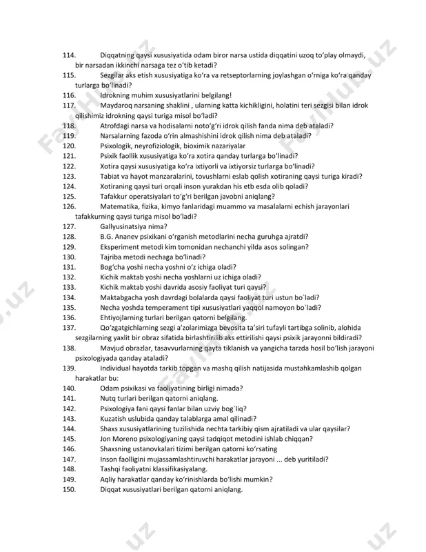 oiylashuvning sohalari to‘g‘ri berilgan qatorni ko‘rsating. 96. ... shaxs qiyofasini belgilovchi muhim psixologik xususiyatdir 97. ... - bu aniq, qiska, samimiy gapirish san’ati va ikkinchi tomondan, suhbatdoshni tinglash san’ati 98. “superlider” kim? 99. mehnat psixologiyasi ... nomi bilan uzviy bog‘liqdir 100. temperament so‘zining ma’nolarini ko‘rsating? 101. temperament va uning tiplari haqidagi ilmiy nazariyani kim yaratgan?asari nomi nima? 102. psixologiya fani tarixida temperament haqidagi ta’limotni birinchi bo‘lib qaysi grek olimi yaratgan? 103. “kuchli, muvozanatsiz” sifatlari temperamentning qaysi tipiga xos? 104. flegmatik tipdagi shaxsga xos salbiylikni aniqlang? 105. temperament tiplarining kelib chiqishida nima asosiy rol o‘ynaydi? 106. shaxsdagi hatti-harakatlarning, imo-ishoralarning aniq va ravshanligi, hissiy holatlarning qo‘zg‘alishi kuchi, barqaror va beqarorligida namoyon bo‘ladigan individual sifat…… deb ataladi 107. …… o‘z-o‘zini tarbiyalash natijasidir. 108. xarakterning o‘sishida nima asosiy rol o‘ynaydi? 109. qobiliyat turlarini aniqlang? 110. qobiliyatlar taraqqiyotining yuksak bodqichi … dir. 111. nerv protseslarining induksiya qonuni kim tomonidan kashf etilgan? 112. diqqatning bir joyda …