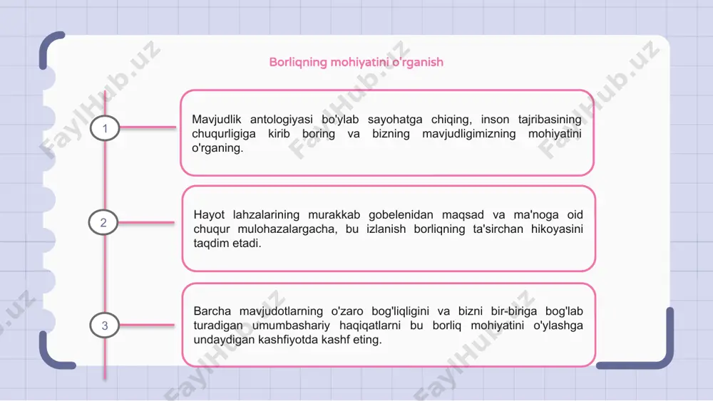 kurashib, mavjudlikning burilishlari va burilishlari bo'ylab harakatlaning. hayotning murakkabligi va koinotning kengligi haqida fikr yuriting. biz borliqning mohiyatini va mavjudligimizni shakllantiruvchi sirlarni o'rganayotganimizda, ekzistensial landshaftni o'zgartiruvchi tadqiqotida bizga qo'shiling. yo'lda yangi istiqbollar va tushunchalarni kashf eting. borliqning xilma-xilligini qamrab olish mavjudlik antolgiyasi hayotning o'zini namoyon qilishining son-sanoqsiz usullarini nishonlaydi, xilma-xillik va o'ziga xoslikdagi go'zallikni namoyish etadi. farqlarni qabul qilish birlik va tushunishga olib keladi. ushbu antologiyaning har bir sahifasi chidamlilik, moslashish va o'zaro bog'liqlik haqida hikoya qiladi. u hayotning barcha shakllarini qamrab olish va ularning borliqning buyuk gobelenidagi qiymatini tan olish muhimligini ta'kidlaydi. eng kichik mikroorganizmdan tortib eng buyuk galaktikalargacha, mavjudlik antologiyasi kashfiyot va qabul qilish haqidagi hikoyani to'qadi. turli xillikni qabul qilish hayotimizni boyitadi va istiqbolimizni kengaytiradi. mavjudlik xaosida maqsadni topish mavjudlik antologiyasida biz ma'no va maqsadni qidirib, hayotning tartibsizligidan o'tamiz. har bir tajriba bizning sayohatimizni shakllantiradi va bizni dunyodagi o'rnimizni tushunishga yaqinlashtiradi. xaos o'rtasida maqsadni topish hammamizni birlashtiradigan …