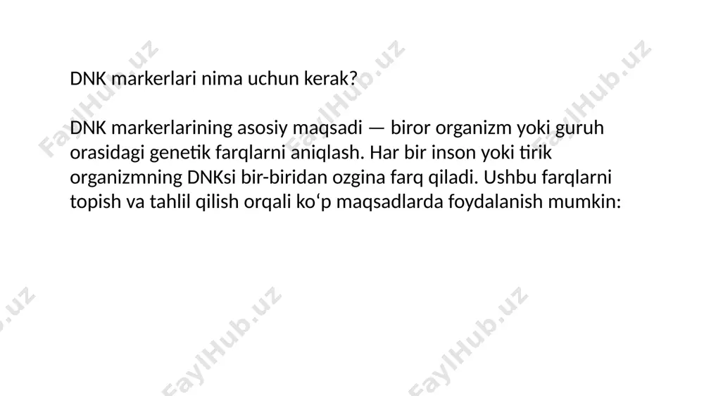 ’g’ri keladi. bitta praymer tegishli tur yoki individuum dnk o’xshash uchaskasiga bog’liq holda bir necha pzr mahsulotlari berishi mumkin. rapd markerlari odatda populyatsiyaning genetik strukturasini o’rganishda yoki genetik kartalashtirishda foydalanilishi mumkin molekulyar markerlar rapd-da quyidagi asosiy qadamlar ishtirok etadi. maqsadli dnkning ekstraktsiyasi tasodifiy tanlangan primerlar yordamida maqsadli dnkning bir nechta mintaqalarini kuchaytirish kuchaytirilgan pcr mahsulotlarining gel elektroforezi eridiy bromidni bo'yash va polimorfizmni aniqlash molekulyar markerlar molekulyar markerlar rapd-markerlari boshqa tip markerlariga nisbatan ancha arzon, sodda va qulayligi bilan ajralib turadi. bu usulda radioaktiv moddalar ishlatilmaydi, probalarni tayyorlash uchun maxsus tayorgarlik talab qilinmaydi va hattoki dnk ketma-ketligini ham oldindan bilish shart emas. biroq bu markerlardagi kamchilik ularning dominatligida va bu geterozigota ni gomozigotadan farqlashda va buning natijasida esa allellar chastotasini aniqlashda ancha qiyinchiliklar keltirib chiqaradi. molekulyar markerlar aflp – amplified fragment length polymorphism (amplifikatsiyalangan fragment uzunligi polimorfizmi). bu usul amprifikatsiya va restriksiya etaplaridan tashkil topgan bo’lib eng avvalo genom dnksi restriktazalar …