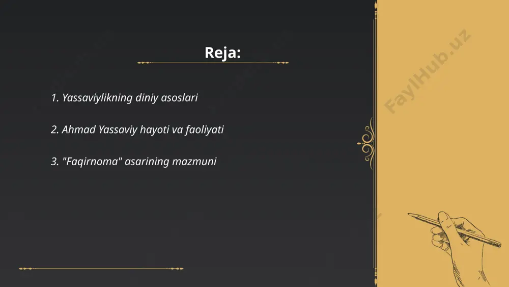 savvuf falsafasi va ahloqiy-g‘oyaviy masalalarni yoritadi. "faqirnoma" sufiylik hayotining ma’naviy va axloqiy jihatlarini o’z ichiga oladi. asar o'z davrining ijtimoiy mavzularini ham ko'targan, shu jumladan adolat, poklik va insoniy fazilatlarni o'zida aks ettiradi. bu asar o'zbek adabiy merosida muhim o'rin egallaydi va tasavvuf ilmlarini yanada chuqurroq tushunishda yordam beradi. ... t.me/slaydai_bot 4. "faqirnoma"da ta’lim va tarbiya "faqirnoma" asari sharq mumtoz adabiyoti namoyandasi farididdin attor tomonidan yozilgan. ushbu asarda ta’lim va tarbiya masalalari yoritiladi. tarbiya jarayonida insonning ichki dunyosini o'stirish, ma'rifatni oshirish kabi jihatlar muhim hisoblanadi. "faqirnoma"da ibratli hikoyatlar orqali insoniy fazilatlarni yuksaltirishga urg'u beriladi. asarda, odatda, axloqiy tarbiya va ilm olishning, sabr-toqat, taqvo va adolat kabi sifatlarining ahamiyatiga alohida e'tibor qaratiladi. ushbu asar ko'plab nasihatlar va hayotiy tajribalarni o'zida mujassam etib, ta'lim-tarbiya jarayoniga katta hissa qo'shadi. ... t.me/slaydai_bot yassaviylik falsafasi o‘rta asrlarda yashagan ahmad yassaviy tomonidan asos solingan tasavvuf tariqatidir. ushbu falsafa turkiston va uning atrofidagi o‘lkalarda keng tarqalgan. ahmad …
