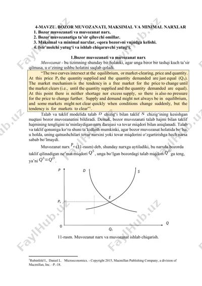 bozor muvozanati, maksimal va minimal narxlar — DOCX