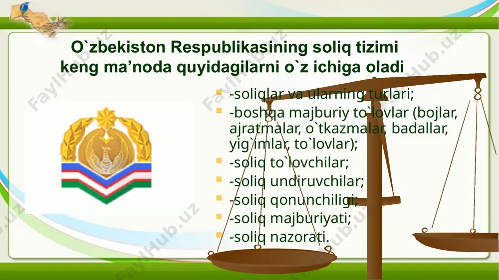 otni berishni nazarda tutadi. soliq idoralari soliq deklaratsiyasi va amaldagi soliqqa tortish stavkalari asosida to'lanishi lozim bo'lgan soliq miqdorini nazorat qiladilar. soliq deklaratsiyasi asosida, odatda, tadbirkorlik faoliyatidan, dexqon (fermer) xo'jaligini yuritishdan olinadigan daromadlar, shuningdek intellektual faoliyat bilan shugullanadigan shaxslar (fan, adabiyot, san'at asarlarining mualliflari, kashfiyotlar, ixtirolar mualliflari, sanoat namunalarini yaratuvchilari va hokazo) daromadlari soliqqa tortiladi. davlat soliqlarning ayrim turlarini bekor qilish, yangilarini joriy etish, soliq stavkalari va imtiyozlarini, soliq solish shart-sharoitlarini o`zgartirish orqali muayyan tarmoqlar va ishlab chiqarishlarni jadal rivojlantirish, jamiyat uchun dolzarb muammolarni hal etishga imkoniyatlar yaratadi. masalan, kichik biznes va xususiy tadbirkorlik, fermer xo`jaliklarini rivojlanishini qo`llab-quvvatlash, mahalliy xom ashyodan iste’mol tovarlari va eksportbop mahsulot ishlab chiqarishni rag`batlantirish uchun bir qancha soliq imtiyozlari berilgan. asosiy vositalarga jadallashtirilgan amortizatsiyani qo`llash foydaning bir qismini qayta jihozlash va ta’mirlashga, ilmiy-tadqiqot va tajriba-konstruktorlik ishlariga yo`naltirib, ular bilan bog`liq xarajatlarni soliqqa tortiladigan bazadan chegirib tashlash orqali ishlab chiqarishni qayta qurollantirish va iqtisodiy taraqqiyotga katta …