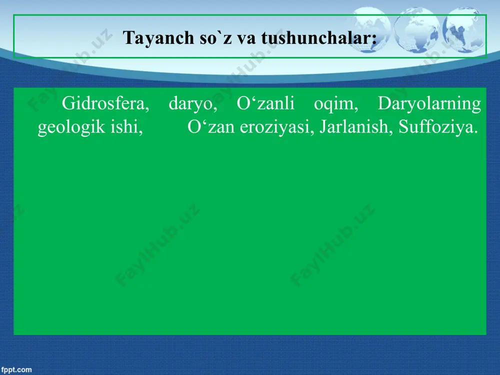 ashgan nuqta, ya’ni ilono‘tti vodiysi bo‘ylab xuddi shunday antetsedent vodiy shakllangan. demak, bu yerda antetsedent vodiy hosil qiluvchi sangzor daryosi o‘zani, o‘zining yo‘nalishida ko‘tarilgan turkiston tog‘ tizmasiga nisbatan qadimgiroq ekan. yonlama eroziya: o‘zan eroziyasi susaya borgan sari yonlama eroziya kuchaya boradi. natijada daryo vodiysi kengaya boshlaydi. daryo olib kelayotgan yotqiziqlarning o‘zan bo‘ylab o‘rnashib qolish darajasi osha boradi. yonlama eroziya ba’zan qirg‘oq eroziyasi deb ham ataladi. chunki daryo suvi ko‘proq qirg‘oqlarni yemirib oqadi. natijada daryo oqayotgan o‘zan ilon izini eslatuvchi egri-bugri yo‘nalish kasb etadi. ular meandralar deb ataladi (2-rasm). meandra tushunchasi kichik osiyoda egri-bugri iz solib oqadigan katta menderes daryosi nomidan olingan. daryo qirg‘og‘ini yemirish jarayoni: daryo qirg‘og‘ini yemirish jarayonida qirg‘oq bo‘ylab yotiq sohillar o‘rnida tik jarliklar vujudga keladi. bu holat ko‘proq daryo, lyossli yoki qumoq yotqiziqlardan iborat to‘lqinsimon yuza hosil qiluvchi tekisliklarni kesib o‘tuvchi joylarda shakllanishi xususiyatlidir. ushbu jarayon ayrim holatlarda mahalliy xalq terminlariga aylangan va o‘sha joyda keng tarqalganligidan …