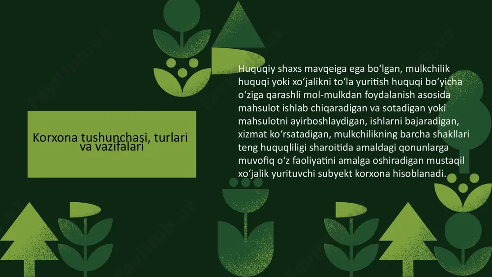 b chiqarish, xizmat ko‘rsatish uchun amaldagi qonunlar asosida tashkil topadi. korxona o‘zi mustaqil faoliyat yuritadi. ishlab chiqarilgan mahsulot hamda soliqlar va boshqa majburiy to‘lovlar to‘langandan so‘ng olingan foydani o‘zi boshqaradi. bir so‘z bilan aytganda korxona o‘zi mustaqil tovar ishlab chiqaruvchidir. korxonaga xos bo‘lgan xarakterli xususiyatlar - birinchidan, ishlab chiqarish jarayonlarining umumiyligida aks etuvchi ishlab chiqarish-texnika birligi, ikkinchidan, rahbariyat, reja, hisob-kitobni o‘zida mujassamlashtirgan tashkiliy birlik, uchinchidan, moddiy, moliyaviy texnik resurslar hamda iqtisodiy natijalarni umumlashtiruvchi iqtisodiy birlikdan iborat. korxona bir turdagi sex yoki uchastkadan, texnologik jihatdan bir xil bo‘lmagan sexlardan tashkil topadi hamda ularning birgalikda olib borgan faoliyati natijasida mahsulot ishlab chiqariladi, ishlar bajariladi, xizmatlar ko‘rsatiladi. korxonani yaxlit qilib birlashtiradigan muhim belgilar bu yordamchi xo‘jaliklar va umumiylashtiruvchi maydondir. har bir korxonaning asosiy faoliyati - mahsulot ishlab chiqarish, ishlarni baja-rish, xizmat ko‘rsatishga yo‘naltirilgan asosiy, yordamchi va xizmat ko‘rsatuvchi jarayonlarning yig‘indisidan iborat. mahsulotni tayyorlash jarayoni asosiy ishlab chiqarish sexlarida amalga oshiriladi, shuning uchun bu …