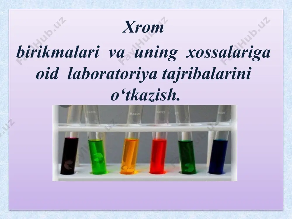 –asosli oksid bo‘lib, qora rangli kukundir. cr(oh)2- asos (sariq rangli cho‘kma) cr2o3-amfoter xossaga ega bo‘lgan barqaror birikmadir. u yashil rangli kukun. cr(oh)3-amfoter xossaga ega. (to‘q yashil rangli cho‘kma) cro3-kislotali oksid. to‘q qizil rangli kristall modda. h2cro4-xromat kislota h2cr2o7 -dixromat kislota xromning kislorodli birikmalari va kristall panjaralarining tuzilishi xromning kimyoviy xossalari 1.yuqori haroratda xrom bir qator oddiy modalar bilan reaksiyaga kirishadi: 4cr + 3o2 =2cr2o3 2cr + n2 =2crn 2cr +3s = cr2s3 cr + n2 = crn cr2s3 faqat quruq holatda mavjud bo’la oladi. nafaqat suv, xattoki suv bug’lari bilan ham to’liq gidrolizlanadi: cr2s3 + 6h2o = 2cr(oh)3 + h2s 2.qizdirilgan xrom suv bug‘lari bilan reaksiyaga kirishadi: 2cr + 3h2o=cr2o3 + 3h2 3.suyultirilgan sulfat va xlorid kislotalar bilan qizdirilganda reaksiyaga kirishadi. xrom suyultirilganda hcl va h2so4 da h2 ajralib eriydi, kons. hno3 da sekin eriydi: 2cr +3 h2so4 = cr2 (so4)3 +3 h2 cr + 2hcl =crcl2 + h2 suvsiz …