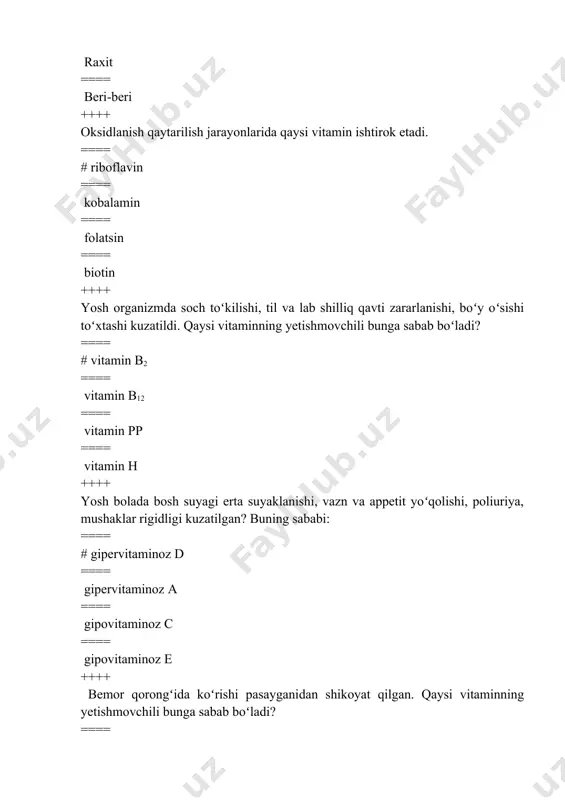 jigar, me'da osti bezi kasalliklari 3. ichak mikroflorasi tomonidan vitaminlar parchalanishining kuchayishi 4. oʻpka kasalliklari 5. yurakqon tomir sistemasi kasalliklari 6. endokrin kasalliklar ==== # 1,2,3 ==== 1,3,5 ==== 2,4,6 ==== 4,5,6 ++++ tugʻma avitaminoz asosida yotuvchi 3 ta mexanizmlar 1. ichakda vitamin soʻrilishining buzilishi 2. vitaminlar nishon organlarga tashilishining buzilishi 3. vitaminlar kofermentlarga aylanishining buzilishi 4. oqsillar almashinuvining buzilishi 5. gormonlar sintezining buzilishi 6. prostaglandinlar sintezi va funksiyasining buzilishi ==== # 1,2,3 ==== 1,3,5 ==== 2,4,6 ==== 4,5,6 ++++ yogʻda eriydigan 3 ta vitamin: 1. a 2. d 3. e 4. c 5. b1 6. pp ==== # 1,2,3 ==== 1,3,5 ==== 2,4,6 ==== 4,5,6 ++++ oksireduktazalar kofermenti tarkibiga kiruvchi 3 ta vitamin: 1. b1 2. pp 3. b2 4. b3 5. c 6. p ==== # 1,2,3 ==== 1,3,5 ==== 2,4,6 ==== 4,5,6 ++++ avitaminoz a natijasida rivojlanuvchi 3 ta koʻz kasalligi 1. kseroftalmiya 2. keratomalyatsiya 3. shapkoʻrlik …