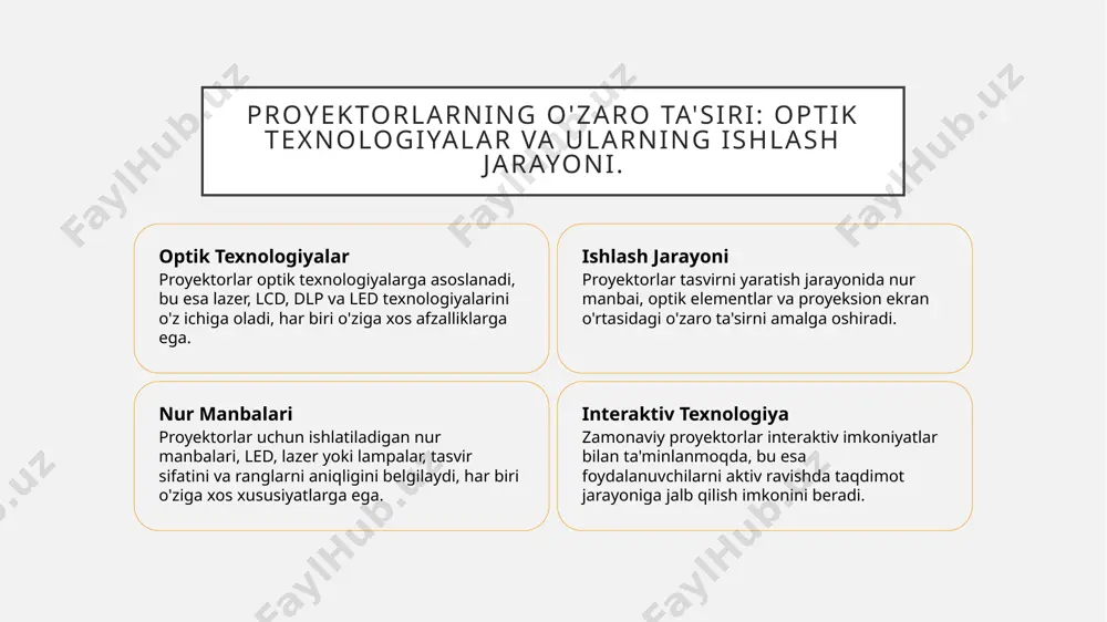 ni kamaytiradi va ishlash muddatini uzaytiradi, o'quv jarayonini yanada samarali qiladi. ekologik materiallar ekologik toza materiallardan foydalanish, masalan, qayta ishlangan plastmassalar, proyektorlarning atrof-muhitga ta'sirini kamaytiradi va barqaror ishlab chiqarishni ta'minlaydi. kelajak proyektor texnologiyalari: tendentsiyalar va kutilayotgan yangiliklar. 1 kelajakdagi texnologiyalar kelajakda proyektorlar uchun yangi texnologiyalar, masalan, 8k va 3d proyeksiyalar keng tarqaladi, bu esa taqdimotlarning sifatini oshiradi. 2 o'lchov va portativlik yangi proyektorlar yanada kichik va engil bo'lib, foydalanuvchilarga qulaylik yaratadi. portativ modellar osonlik bilan harakatlantirilishi mumkin. 3 interaktiv funksiyalar multimedia proyektorlar interaktiv imkoniyatlar bilan boyitiladi, foydalanuvchilar bilan o'zaro aloqani kuchaytiradi va ta'lim jarayonini jozibador qiladi. 4 energiya tejamkorligi yangilangan proyektorlar energiya samaradorligi bilan ajralib turadi, bu esa ularni ekologik jihatdan qulay va iqtisodiy jihatdan samarali qiladi. xulosa proyektorlar va ularning ahamiyati multimedia proyektorlarning turlari kelajakdagi texnologik tendentsiyalar proyektorlar zamonaviy ta'lim jarayonida muhim rol o'ynaydi, ular interaktiv usullarni qo'llab-quvvatlab, ta'limni yanada samarali qiladi. multimedia proyektorlar lcd, dlp va led texnologiyalariga …