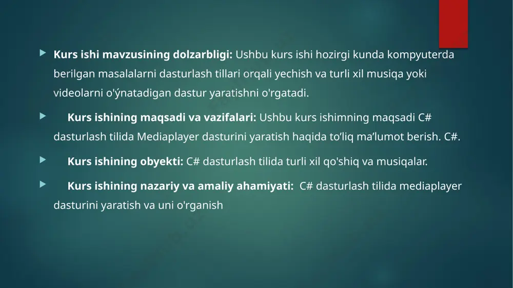 gmani bosish orqali unga o'tishingiz mumkin .yuqorida o'ng tomondagi "hozir o'ynayapmiz" oynadagi bir xil tugmani bosish orqali orqaga qaytishingiz mumkin xulosa “dasturlash asoslari” fanini o’zlashtirish jarayonida talabalar axborot, uni saqlash usullari,qayta ishlash va uzatish, hisoblash tizimlarining matematik va dasturiy ta’minoti, ularni fan sohalarida, ishlab chiqarish va ta’limda qo’llash xususiyatlari, kompyuterning dasturiy ta’minoti, dastur turlar va xususiyatlari, strukturali, dasturni optimallashtirish va umumlashtirish, dasturlashda modulli tamoyillarni qo’llash, kompyuter texnologiyalari yutuqlarini zamonaviy hisoblash tizimlarining matematik va dasturiy ta’minotida qo’llash, yuqori darajadagi dasturlash tillarni, dasturiy ta’minotni ,dasturlash texnologiyalarini, tatbiqiy va hisoblash matematikasi masalalarini yechish algoritmlarini, modulli tahlil va modulli dasturlash tillarini, samarali dastur va dasturlar kompleksini yaratish usullarini bilish va ulardan foydalana olish , tatbiqiy masalalarni yechish algoritmini tuzish, matematik (kompyuter) modelini qurish va uning dasturiy ta’minotni yaratish ko’nikmalariga ega bo’ladi bu windows mediaplayerning asosiy funksiyalarini o'z ichiga oladi. ko'rib turganingizdek, ulardan foydalanish juda tez va intuitiv. qidiruv xususiyati bilan kutubxona maket, bu itunes …