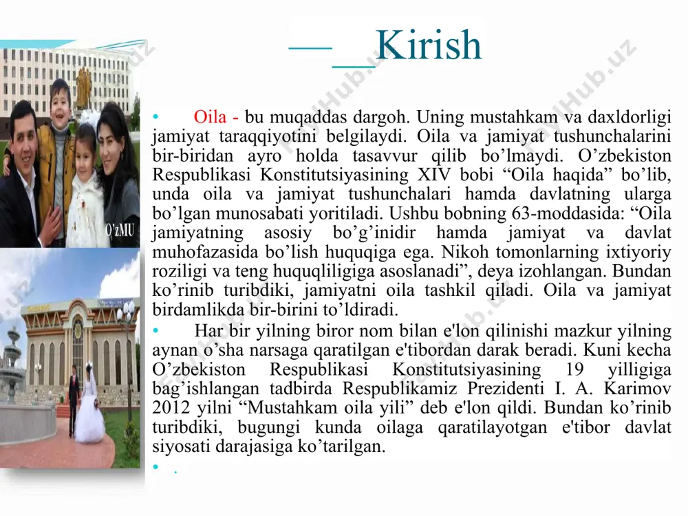 personallashtirish markazi, davlat statistika qo’mitasi, iiv kabi davlat tashkilotlari bilan aloqadorlikda ish yuritar ekan. bundan ko’rinib turibdiki, oila uchun barcha birdek mas'ul. • hozirgi kunda mamlakatimizda oila salomatligi, tinchligi va uning mustahkamligini ta'minlashda bir qator islohotlar olib borilmoqda. uning mustahkamligi va daxlsizligi barchamizning asosiy vazifamiz ekanligi, “mahalla” jamg’armasi tomonidan olib borilayotgan izchil harakatlar o’z natijasini bermoqda. • joylarda o’tkaziladigan qator tadbirlar ham oila mustahkamligiga bag’ishlanadi. bundan ko’zlangan maqsad esa jamiyatni tashkil etgan oilani davlat nazoratidan chetda qoldirmaslik va eng asosiysi uning buzilib ketishiga yo’l qo’ymaslikdir. oila mustahkam ekan, jamiyat taraqqiy etadi hamda davlat rivojlanadi. oila jamiyatning asosiy bo‘g‘inidir hamda jamiyat va davlat muhofazasida bo ‘lish huquqiga ega. (o ‘zbekiston respublikasining konstitutsiyasi, 63-modda). barcha muqaddas kitoblarning mohiyatida bir narsa - ezgulik mujassam. yaxshilik - inson hayotining mazmuni. inson xarakterini, tabiati va dunyoqarashini, qo‘yingki, insonligini belgilaydigan ma’naviy mezon va qarashlar - yaxshilik, ezgulik, olijanoblik, mehr-oqibat, or-nomus, uyat-andisha kabi tushunchalar borki, ularning poydevori …