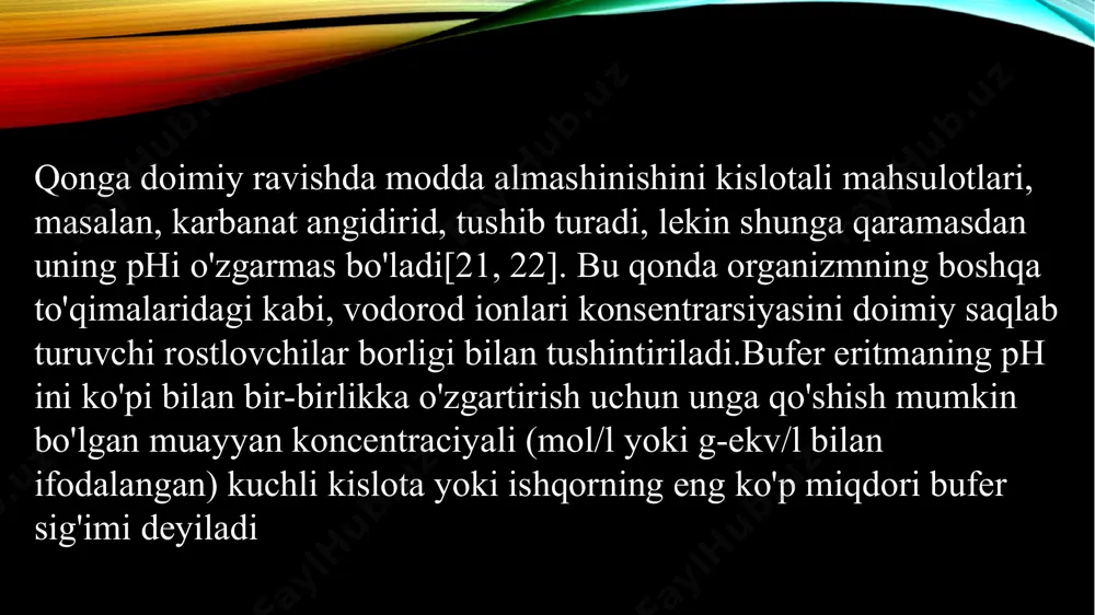 hli asos qo'shganda: oh+h=h2o ya'ni muvozanat kuchsiz elektrolit h2ohosil bo'lish tomonga siljidi. orgonizmning bufer sistemalari gidrokorbonatli bufer sistema-qonning asosiy bufer sistemasi: h2co3---h+hco3 nahcü3—na+нсоз oz miqdorda kuchli kislota qo'shilganda kuchsiz elektrolit h2co3 hosil bo'ladi: н+нсоз=н2соз e’tiboringiz uchun raxmat !!! image2.png image3.jpeg image4.jpeg image1.png