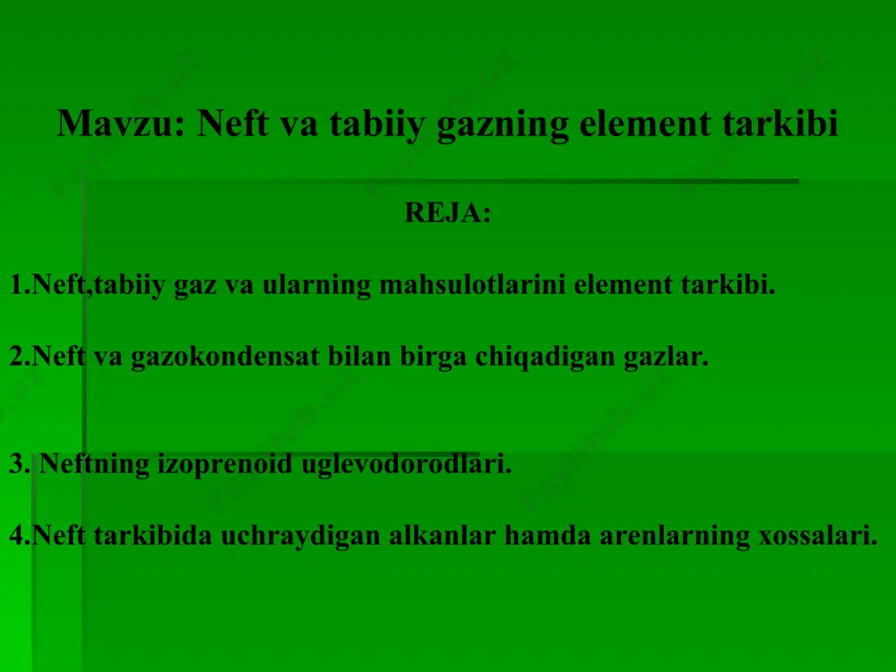 lan birga chiqadi. neft qazib olganda bosim kamayganligi sababli, neftning tarkibidan gaz ajralib chiqadi. bu gazlar asosan yog’li (og’ir) gaz bu’lib, tarkibi propan, bo’tandan iborat. gazokondensat konlaridan chiqayotgan gazlar u’zlari bilan gazkondensatni birga olib chiqdilar. yer yuziga chiqqanda bosim kamayganligi sababli gaz qismi osonlik bilan suyuq qismidan ajratiladi. gazokondensat gazlarining asosiy qismini metan tashkil etadi. suyuq qismi esa 2—5%, ba’zan undan ham ortiqroq, bu’lib, ular u’zlarining tarkibi buyicha benzin, kerosin, dizel va undan yuqoriroq fraktsiyalarni tashkil etadilar. * halqali alkanlar neftdagi 25 — 75% mass. bo’ladi. neftni hamma fraktsiyalarida uchraydi. faqat eng yuqori fraktsiyalarda aromatik utlevodorodlar ko’p bo’lganligi uchun, nisbatan ularni miqdori kamayadi. baku va emba rayonlaridagi neftlar halqali alkanlarga boydir. halqali alkanlarning besh va olti burchakliklari nisbatan chidamlidirlar. yuqori haroratda qaynovchi fraktsiyalarda ikki halqali alkanlar, yoki bu’lmasa biri alkan ikkinchisi aromatik halqali uglevodorodlar uchraydi. neftlarni tarkibida aromatik uglevodorodlar (arenlar) ham bor. ularning miqdori parafinlarga va halqali alkanlarga nisbatan kamroqdir. …