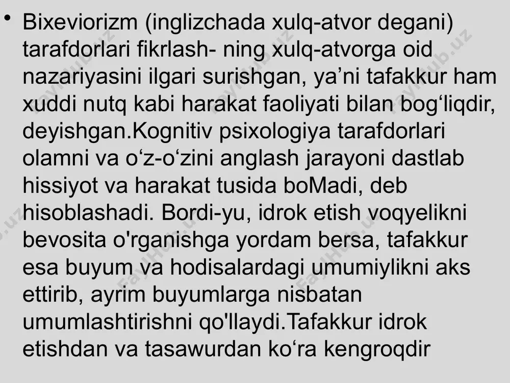 kur buzilishi tezligi, izchilligi (sifati), mantiq va samaradorligi bo‘yicha 4 turga ajratiladi: 1. tezligi bo‘yicha: a) fikrlar tezlashuvi; b) fikrlar sekinlashuvi; v) fikrlash jarayonining to‘xtab qolishi; g) mentizm. 2. izchilligi bo‘yicha: a) fikrlar tarqoqligi; b) so‘zlar bog‘liqsizligi; v) bo‘g‘inlar o‘rtasida bog‘liqlik yo‘qligi (inkogerensiya); g) so'zlarni bir xilda takrorlayverish (verbigerensiya); d) xulosalarning mantiqqa zid ravishda qurilishi (paralogik ta­ fakkur). 3. mantiq bo‘yicha: a) nasihatgo'ylik;b) mulohazalilik; v) perseveratsiya; g) autistik fikrlash. 4. samaradorligi bo‘yicha: a) ipoxondrikg‘oyalar; b) o‘ta qimmatli g‘oyalar; v) neologizmlar (tushunarsiz so‘zlarni gapirish). oligofrcniya — tafakkurning tug‘ma zaifligi bo‘lib, og'ir-yengilligi bo'yicha turli darajada ifodalanadi: debillik, imbetsillik, idiotiya. oligofreniyaning yengil darajada rivojlangan turiga debillik deb ataladi. ularda saboq olishga ayrim qobiliyatlar saqlanib qoladi, ular maxsus maktablarda ta’lim olishadi. bu bolalarda nutq funksiyasi saqlangan bo'lib, ba’zi aqliy operatsiyalarni (masalan, hisob-kitob) amalga oshira olishadi, mexanik xotirasi saqlangan bo‘ladi.umumlashtirish va abstraksiyalash sust rivojlangan bo‘ladi. yaratuvchilik qobiliyati ham past bo‘ladi, ular faqat kam aqliy faoliyat …