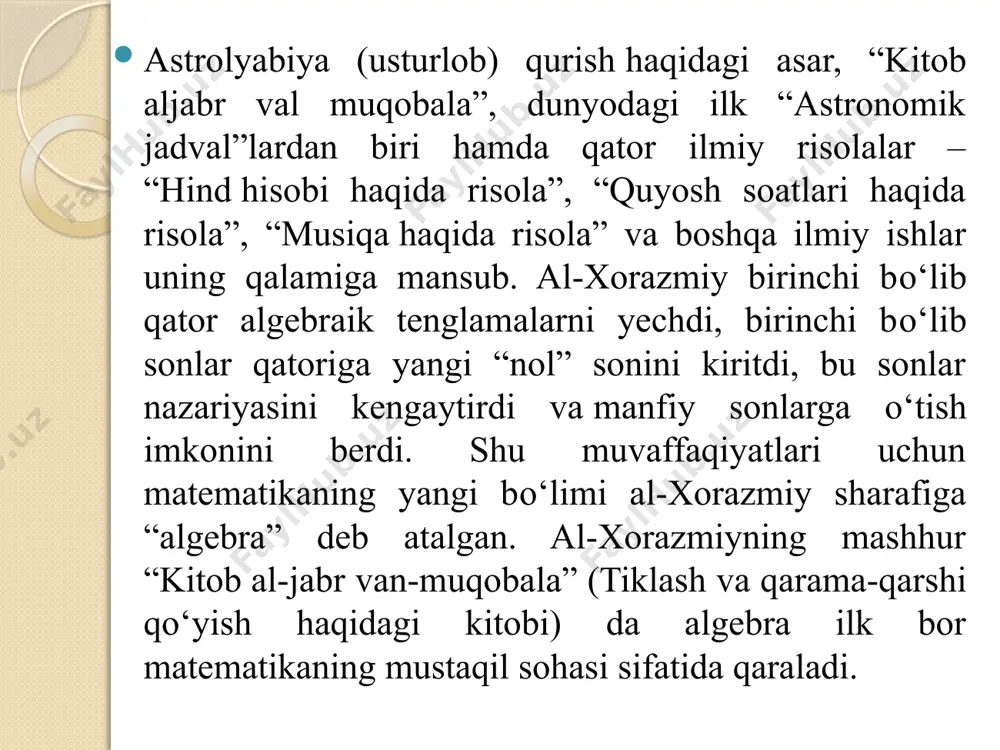 bu ali ibn sino, nasriddin tusiy, qozizoda rumiy, jamshid koshiy, mirzo ulug‘bek, ali qushchi va sharqning boshqa olimlarining ilmiy tadqiqotlari darajasi ba’zi sohalarda boshqa mamlakatlarning mutafakkirlari ancha keyin о‘tkazgan izlanishlar natijalaridan yuqori edi. abu rayxon beruniy tarix, xronologiya, farmakologiya, mineralogiya, astronomiya, matematika bо‘yicha asarlar yozdi, yerda yangi qit’a borligini nazariy jihatdan asoslab, hisoblab chiqdi va jahon tan olgan kо‘plab masalalarni yechdi. kо‘plab tadqiqotchilar urganchdagi akademiyaning tashkil qilinishini shaharga abu rayhon beruniyning tashrifi va uzoq vaqt ishlagani bilan bog‘lashadi. 0(panalytic, netherland) в институте ядерной физики ан руз. образцы можно моделировать как сильно компактированный порошок и также измерять в режиме вращения предметного столика 30 об./мин. в дифрактометре использовано cukα-излучение (β-фильтр, ni, ток и напряжение трубки 30 ma и 30 kv), детектор перемещается по дуге гониометра с постоянной скоростью 4 град/мин с шагом 0,02 град. спектры сканировали в интервале углов 2θ от 4 до 800. xuddi shu paytda bu yerda о‘rta osiyoning buyuk …