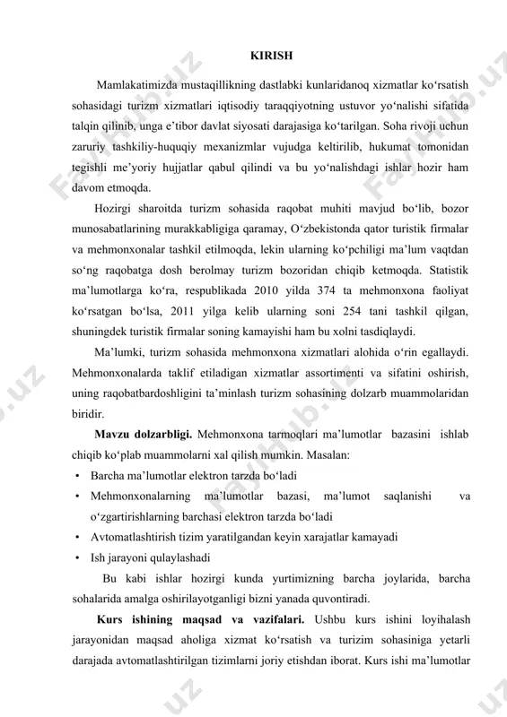 bilan shugʻullanadi. joylashtirish vositasi deganda insonlarning vaqtinchalik yashashi uchun moʻljallangan ihtiyoriy ob’yekt tushuniladi. mehmonxona bu turist va fuqarolarni vaqtinchalik joylashtirish hamda ularga hizmat koʻrsatish uchun moʻljallangan korxonadir. mehmonxonalarda kamida 10ta xona boʻlishi kerak. mehmonxonalar quyidagi xususiyatlari bilan ajralib turadi: · belgilangan miqdordan oz boʻlmagan xonalardan iborat, yagona boshqaruvga ega; · turli hildagi mehmonxona hizmatlarini taqdim etadi; · koʻsatayotgan hizmatlari, ihtiyoridagi jixozlanish va davlat standartlariga koʻra kategoriya va sinflarga ajratiladi; mehmonxona korxonalari hajmi, joylar va xonalar soniga koʻra farqlanadi. nomer - bu bir yoki bir necha oʻrindan tashkil topgan, ushbu kategoriyadagi mehmonxonaga qoʻyilgan talablarga koʻra jihozlangan xonadir. joy - bu bir kishi foydalanishi uchun moʻljallangan yotoqli oʻrindir. xalqaro amaliyotda jahon turizm tashkiloti tomonidan ishlab chiqilgan joylashtirish vositalarining standart klassifikatsiyasi mavjud. unga koʻra barcha joylashtirish vositalari 2 guruhga boʻlinadi: 1.kollektiv joylashtirish vositalari. 2.individual joylashtirish vositalari. kollektiv joylashtirish vositalari oʻz oʻrnida mehmonxona tipidagi korxonalar va mahsus joylashtirish vositalariga ajratiladi. 1.2. mehmonxona loyihasi tasnifi …