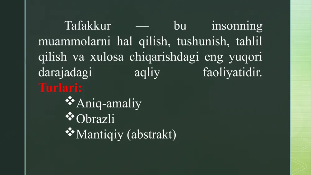 uncha yu.f. polyakov tanlab axborotni qabul qilish axborot haddan ortsa, fikrlash samarasi pasayadi k. dunker sham chirog‘i tajribasi funksional selektivlik: predmetni faqat bir vazifada ko‘rish a. lachins suv idishlari tajribasi aqliy qotish – bir xil usulga bog‘lanib qolish image4.jpg image8.png image9.png image10.png image11.png image12.png image13.png image14.png image5.png image6.png image7.png image2.png image3.png /docprops/thumbnail.jpeg