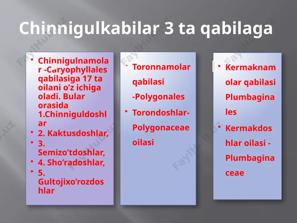 qoplangan, xushbo’y hidli, bir yillik o’t o’simlik. gulqo’rg’on bargi 5 ta, changchisi 1-3 ta. meva yoni ola, tez tushib ketadigan bo’ladi. bahorda ekinlar orasida, daryo va soylardagi toshli joylarda o’sadi. efir moyli o’simlik. ismaloq-spiniacia turkestanica– bir yillik, ikki uyli o’simlik. bo’yi 10-60 sm. gullari to’pgulda. changchi gullar gulqo’rg’oni 4 bo’lakli, changchilari 4-5 ta, boshoqsimon to’pgulga o’rnashgan. urug’chi gullarda gulqo’rg’on barglari yoq. uning o’rniga 2-4 tishli gul oldi o’rama barglar hosil bo’ladi. gullab bo’lgach, 4-6 ta urug’chi gullar o’zaro birlashib, tikansimon to’p meva hosil qiladi. pastki barglari urchuqsimon, o’tkir uchli. poyaning yuqori qismidagi barglar uchburchak, nayzasimon yoki lansetsimon. aprel-iyul oylarida gullab urug’laydi. ekinlar orasida o’suvchi begona o’t.vitaminli o’simlik. oq saksovul-haloxylon pyersicum, qora saksovul h. aphyllum - cho’llarda o’sadi. oq saksovul asosan qumlarda, qora saksovul sho’rxok tuproqlarda o’sadi. ulardan qumlarni ko’chishdan saqlashda, chorva mollari uchun yem-xashak sifatida foydalaniladi oddiy lavlagi-beta vulgaris. bu o’simlik ikki yillik bo’lib, birinchi yili urug’dan uzun bandli, har-xil …