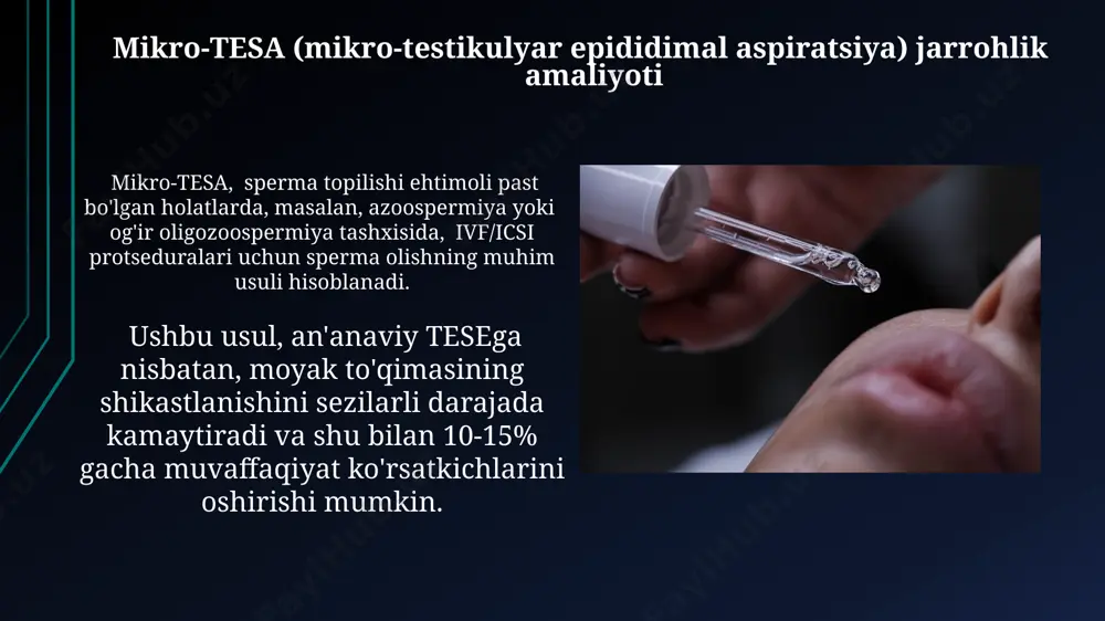oratlarni kamaytiradi. mikrojarrohlik texnikasining kelajagi va yangi istiqbollari gameta sitoplazmasining mikroin'ektsiyasi (icsi) usulining takomillashtirilgan variantlari, masalan, imsi va picsi, sperma tanlashning sifati va samaradorligini 15-20% ga yaxshilashga yordam beradi. 3d-bioprinting texnologiyasi yordamida individualizatsiyalashgan reproduktiv organlarning yaratilib, transplantatsiya qilinishi kelajakda tugʻma nuqsonlar bilan bogʻliq bepushtlik muammolarini hal qilishda muhim rol oʻynaydi. tubal jarrohligi va mikrojarrohlikning ahamiyati zamonaviy mikrojarrohlik asboblari va texnologiyalaridan foydalanish, masalan, laparoskopiya yordamida, minimal invaziv jarrohlik amaliyotlarini o'tkazish imkonini beradi va bemorlarning tiklanish davrini qisqartiradi. tubal jarrohlik va mikrojarrohlik usullarining qo'llanilishi natijasida 30-40% gacha bo'lgan hollarda homiladorlikka erishiladi, bu esa infertillik bilan og'rigan ayollar uchun muhim klinik ahamiyatga ega. mikrojarrohlik operatsiyalaridan keyingi davr va asoratlar operatsiyadan keyingi infeksiya xavfi taxminan 1-3% ni tashkil etadi va profilaktik antibiotiklar bilan kamaytirilishi mumkin. mikrojarrohlik operatsiyalaridan keyingi 5-7 kun ichida og'riq va shish kuzatilishi mumkin, bu og'riq qoldiruvchi vositalar yordamida nazorat qilinadi. bevosublikni davolashning zamonaviy usullari эмбрионларни генетик скрининг қилиш (pgs/pgt) усули хромосома …