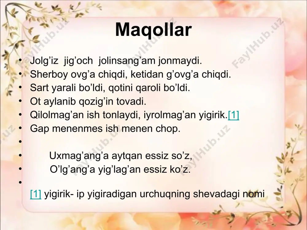 bu xonlarning dastidan. poyizingni jildirgan o`txonasi bilan do`ngalagi. divinskaga ketgan edi, mard yigitning bir bo`lagi. divinskiga ketmas edi, mard yigitning bir bo`lagi, divinskiga ketkazgan, nikolay podsho zambaragi. «sust xotin, suzma xotin, ko`lankasi maydon xotin, yomg`ir yog`dir, ho`l bo`lsin, eru jahon ko`l bo`lsin. maysalar quloq yozsin, sutu qatiq mo`l bo`lsin!» havolarni yog`dirgin, so`z xotin, bug`doylarni bo`ldirgin, so`z xotin. yomonning uyi kuysin, so`z xotin, dehqonlarga qut bergin, so`z xotin. choy, choy, choy momo, choy momosi o`libdi, o`g`li etim qolibdi, bosa-bosa beringlar, bosilib qolsin bu shamol. uga-uga beringlar, ugilib qolsin quv shamol. allohu, allohu. haydar, ota-onang o`libdir, moli senga qolibdir. bolang suvga oqibdir, shamolingni qo`yvor. yig`lama, qiz, yig`lama, to`y seniki, yor-yor. ostonasi tillodan, uy seniki, yor-yor. hay-hay o`lan, jon o`lan, o`lanchi qiz, yor-yor. va`dasida turmagan, yolg`onchi qiz, yor-yor. allayo, alla, oppoq qizim, alla, qaymoq qizim, alla, go`zal qizim, alla, asal qizim, alla, oqcha qizim, alla, zog`cha qizim, alla, sanam qizim, alla, tam-tam qizim, …