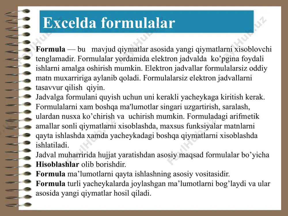 belgilar formulalar qatorida xamda faollashgan yacheykada paydo bo’ladi. formulalarni kiritishda odatdagi taxrirlash tugmalaridan foydalanish mumkin. 2. yacheykalar manzilini ko’rsatish yo’li bilan formulalar kiritish: bu usulda xam formulalar klaviaturadan kiritish orqali, lekin kamroq foydalangan xolda amalga oshiriladi. ushbu usulda yacheykalar manzilini kiritish urniga ular ko’rsatiladi, xolosd excelda formulalar excelda funksiyalar funksiya — bu formulalarda qullaniladigan kiritib quyilgan tayyor uskunalar qolipidir. ular murakkab bulgan matematik va mantiqiy amallarni bajaradi. funksiyalar quyidagi ishlarni bajarish imkonini beradi. 1. formulalarni qisqartirish. 2. formulalar buyicha boshqa qilib bulmaydigan xisob ishlarini bajarish. 3. ayrim muxarrirlik masalalarini xal qilishni tezlashtirish. barcha formulalarda oddiy () qavslar ishlatiladi. qavs ichidagi ma'lumotlar argumentlar deb ataladi. funksiyalar qanday argumentlar ishlatilayotganligiga kura bir-biridan farq qiladi. funksiyaning turlariga qarab ular quyidagicha ishlatilishi mumkin: — argumentsiz; — bir argumentli; — qayd qilingan cheklangan argumentlar soni bilan; — noma'lum sondagi argumentlar soni bilan; — shart bulmagan argumentlar bilan. funksiyada argumentlar ishlatilmasa xam, bush qavslar ko’rsatilishi lozim. …