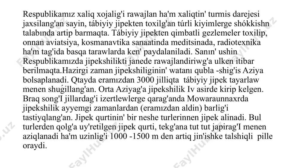 lajlari islep shig'ildi. sirt ellerde sortli pille mug'dari 93-95 protsentti sho'lkemlestirse, bizlerdin' respublikamızda 82-85 protsentti sho'lkemlestiredi.onimdarliq - sirt ellerde /qtay, indiya, yaponiya, kareya, braziliya t. b. / 1 gramm qurtdan 3, 5-4 kg pille aladi, ózbekistanda bul ko'rsetkish 2, 5-2, 6 kg di quraydi. tut jipek qurtinin'rawajlandiriw ushin to' men temperaturanin' shegarasi +7, 5 o gradusqa ten' bolip, onda japiraq jemey qóyadı. 10 o atrapinda japiraqti aste jiydi. jipek qurti ushin normal temperatura 24-27 o g'a ten'. jipek qurtinin'' jasawi normal temperaturag'a uyrengen bolip, temperatura ha'm jasaw protseslardin' tezligi bir-birine baylanisli o'zgeredi. misalı, hawa temperaturası ko'beygen sayin jurek uriwi ha'm ha'reketi tezlesedi; ishteyi ashiladi, ishek iskerligi jaxsilanip, dem aliwi kusheyedi. temperaturanı normadan júdá joqari boliwi fiziologiyaliq protsesledin' tezligin tutqın hayaldı ha'm fermentler tásirin buziliwina alip keledi.suwıqqanli haywanlardin' fermentleri ıssıanli haywanlardin'fermentlarine qarag'anda jilliliqqa shidamli emes, q3 q5 o jilliliq temperaturanı i-iii jastag'i qurt 3-4 kún, iv-jasta -2 kún, v-jasta 1 kunge …