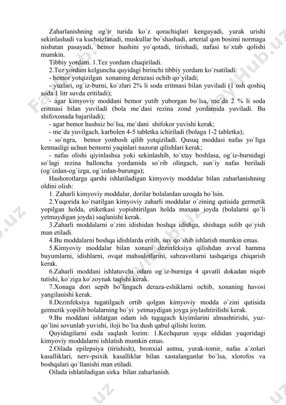 renalin-0,5-1ml teri ostiga yoki to`g`ridan-to`g`ri yurak muskuliga yuboriladi (ko`krak qafasini chap tomoni, ko`krak bezidan yarim sm ichkarida, 4-5- qovurg`a orasiga igna tik sanchiladi). oilada-ro`zg`orda hashorotlarga qarshi ishlatiladigan kimyoviy moddalardan zaharlanish. keyingi yillarda oilada turmush jarayonida qo`llanadigan kimyoviy moddalarning turi ko`payib bormoqda. ularni xatarsiz joylarda saqlash, ehtiyotkorlik bilan ishlatish tartib-qoidalariga e`tibor bermaslik tufayli zaharlanish, ayniqsa, bolalarni zaharlanish holatlari uchrab turadi. jumladan, hovlidagi, uydagi hashorotlarni yo`qotish uchun xlorofos, dixlofos, karbofos kabi kimyoviy zaharli moddalar ishlatiladi.ularni ehtiyotsizlik bilan hashorotlarga purkaganda nafas orqali organizmga kirib zaharlanish holatini yuzaga keltiradi. belgilari. bosh aylanadi, ko`ngil ayniydi, ko`rish xiralashadi, ter ajralishi ko`payadi, asab-psixik qo`zg`alish yuzaga keladi. bu moddalarning hidi, tomchilari og`iz orqali me`da-ichaklarga o`tsa og`izdan, burundan shilimshiq suv oqadi, qusadi, ichi ketadi, bosh og`riydi.to`sh suyagining orqasida, qorinning yuqori sohasida og`riq kuzatiladi. zaharlanishning og`ir turida ko`z qorachiqlari kengayadi, yurak urishi sekinlashadi va kuchsizlanadi, muskullar bo`shashadi, arterial qon bosimi normaga nisbatan pasayadi, bemor hushini yo`qotadi, tirishadi, nafasi to`xtab qolishi …