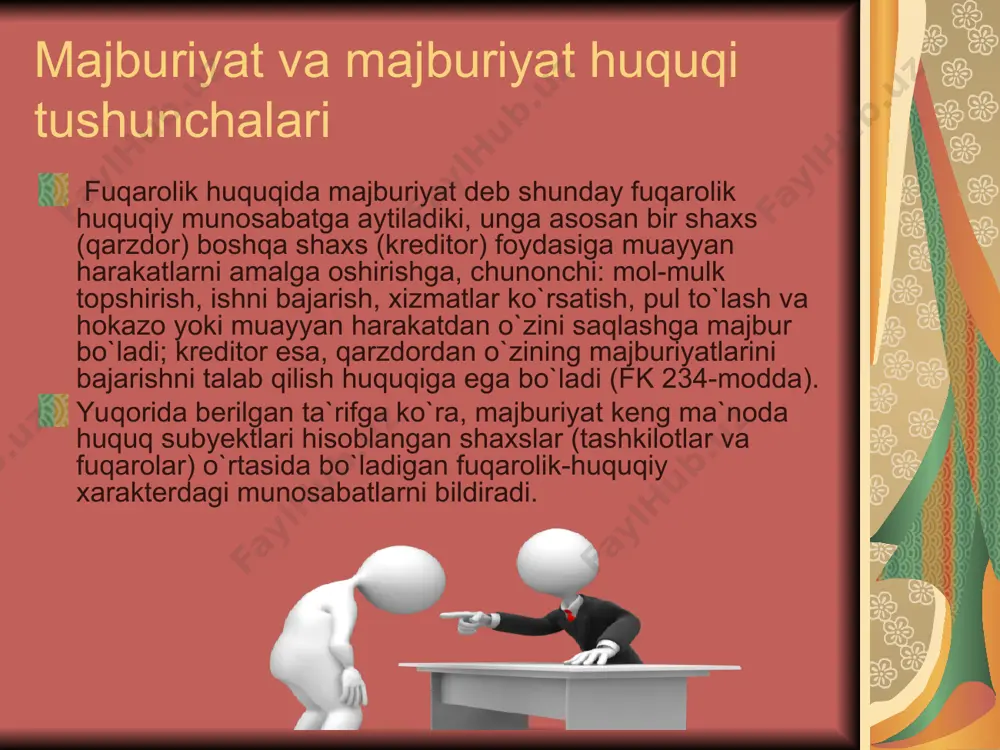 ksda salmoqli o`rinni egallaydi. majburiyat huquqining mazkur maxsus qismi normalari mazmuni va hajmi bo`yicha teng bo`lmagan ikki turkumga: shartnomali majburiyatlar institutlariga va shartnomasiz (shartnomadan tashqari) majburiyatlar institutlariga bo`lingan. shartnomali majburiyatlarga oid huquqiy institutlar jumlasiga oldi-sotdi, mahsulot yetkazib berish, qarz, kontraktatsiya, pudrat, mulk ijarasi, lizing, uy-joy ijarasi, yuk va yo`lovchilar tashish, franshizing, sug`urta kabi bir qator shartnomalar asosida bo`ladigan munosabatlarni tartibga soladigan huquqiy normalarga taalluqlidir. shartnomadan tashqari majburiyatlarga oid huquqiy institutlarni asosan quyidagilar: zarar yetkazishdan kelib chiqadigan majburiyatlar, asossiz boylik orttirish oqibatida kelib chiqadigan majburiyatlar tashkil etadi. majburiyatlarni buzganlik uchun qo`llaniladigan sanksiyalar 1. ixtiyoriy bajarilmagan burchni majburiy ijro ettirish. masalan, olingan qarz puli ixtiyoriy ravishda to`lanmaganida uni majburan undirish mumkin bo`ladi. 2.shartnomada ko`rsatilgan majburiyat bajarilmaganda uni bir to-monlama bekor qilish. masalan, ijaraga oluvchi o`z majburiyatini bajar-maganda ijaraga beruvchining talabi bilan shartnoma muddatidan avval bekor qilinishi mumkin. 3.majburiyatning ijro etilishi tartibini o`zgartirish. masalan, mahsu-lot oluvchi tashkilot avval mahsulotlari uchun haq to`lashni kechiktir-ganida …