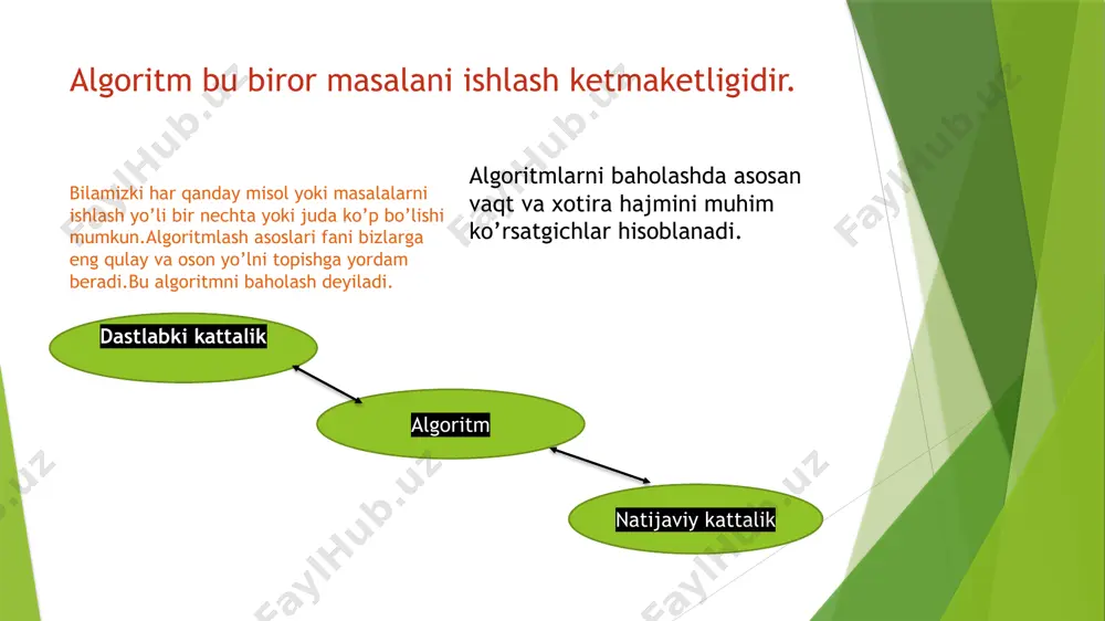 ko'rsatib qo'yilgan. saralash algoritmi:piramdali saralash piramida saralash usuli piramidali daraxtni qurish bilan ifodalanadi. piramidali daraxt - bu binar daraxt bo'lib, uchta xossaga egadir: binar daraxt 1) har bir triad uchida eng katta element joylashadi. 2) binar daraxt barglari bir sathda yoki ikkalasi qo‘shni joylashadi. 3) pastki sath barglari baland bargiar sathidan chaproqda joylashadi. binar daraxt orqali ifodalsh piramidali saralshni binar daraxt orqali hisoblash misol: 6 9 0 1 8 2 6 9 0 1 8 2 6 9 2 1 8 0 9 6 2 1 8 0 9 0 8 6 2 1 0 6 8 2 1 0 9 8 6 1 2 0 9 8 6 2 1 0 9 8 6 2 1 0 9 8 6 2 1 9 8 6 2 1 9 0 ba'zi tashqi murakkabliklarga qaramay, piramidali saralash eng samarali hisoblanadi. saralash algoritmi katta n lar uchun samarali. eng yomon holatda o’zgaruvchan …