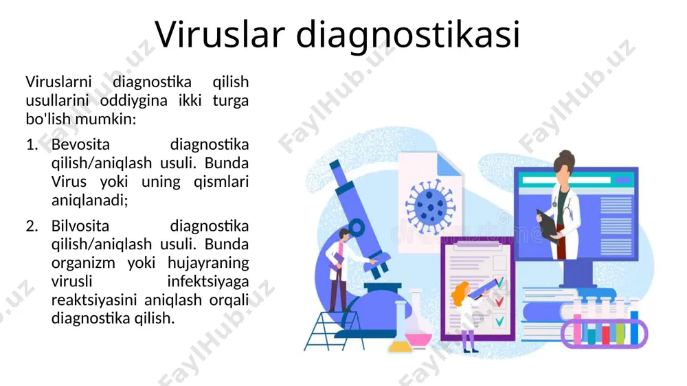; virusni aniqlash; namuna olish va saqlashga qo’yiladigan talablar: kerakli vaqtda olish kerak; to'g'ri joydan olish kerak; to'g'ri tarzda saqlash va tashish kerak; tashish uchun maxsus transport vositasidan foydalanish kerak; namuna ichida virusli infektsiyani saqlash kerak; namunani quritishni oldini olish kerak; bakteriyalar va zambrug’larning tushib qolishining oldini olish kerak; viruslarni tekshirish uchun biologik namunalarni yig’ish va saqlash • diagnostika uchun qanday turdagi namunalar yig'iladi? nafas olish yo'llari infektsiyalari: burun va bronxlarni yuvish, tomoq va burun bo'shlig'ini yuvish, balg'am; ko'z infektsiyalari: tomoq va kon'yunktival surtish/qirib olish; oshqozon-ichak trakti infektsiyalari: axlat va rektal tamponlar; vesikulyar toshmalar: pufakchalar suyuqligi, teri namunalari; genital infektsiyalar: pufak suyuqligi yoki tampon siydik chiqarish yo'llari infektsiyalari: siydik qon orqali yuqadigan infektsiyalar: qon immunologik usullar yordamida diagnostika qilish immunologik usullar immunologik usullar antigen va antitananing o’zaro munosabatiga asoslangan. antitana tuzilishi va turlari immunologik usullar natitana turlari poliklonal antitanalar: antizardobdan ajratiladi; har xil idotiplarni saqlaydi; ko'p turli epitoplarni taniydi; yuqori …