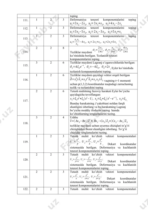 p(1,3,2) koordinatalar nuqtadagi zarrachaning tezlik va tezlanishini toping 117. 2 2 6 tutash muhitning fazoviy harakati eyler bo’yicha quyidagicha tavsiflangan: . bunday harakatning j yakobiani noldan farqli ekanligini isbotlang va bu harakatning lagranj bo’yicha moddiy ifodasini toping hamda ko’chishlarning tenglamalarini tuzing. 118. 3 2 4 ushbu tezliklar maydoni uchun uyurma chiziqlari to’g’ri chiziqlardan iborat ekanligini isbotlang. to’g’ri chiziqlar tenglamalarini tuzing. 119. 1 2 3 tutash muhit ko’chish vektori komponentalari , dekart koordinatalar sistemasida berilgan. deformasiya va kuchlanish tenzori komponentalarini toping. 120. 2 2 3 tutash muhit ko’chish vektori komponentalari dekart koordinatalar sistemasida berilgan. deformasiya va kuchlanish tenzori komponentalarini toping. 121. 2 2 3 tutash muhit ko’chish vektori komponentalari dekart koordinatalar sistemasida berilgan. deformasiya va kuchlanish tenzori komponentalarini toping. 122. 2 2 3 tutash muhit ko’chish vektori komponentalari dekart koordinatalar sistemasida berilgan. deformasiya va kuchlanish tenzori komponentalarini toping. 123. 2 2 3 tutash muhit ko’chish vektori komponentalari dekart koordinatalar sistemasida berilgan. …