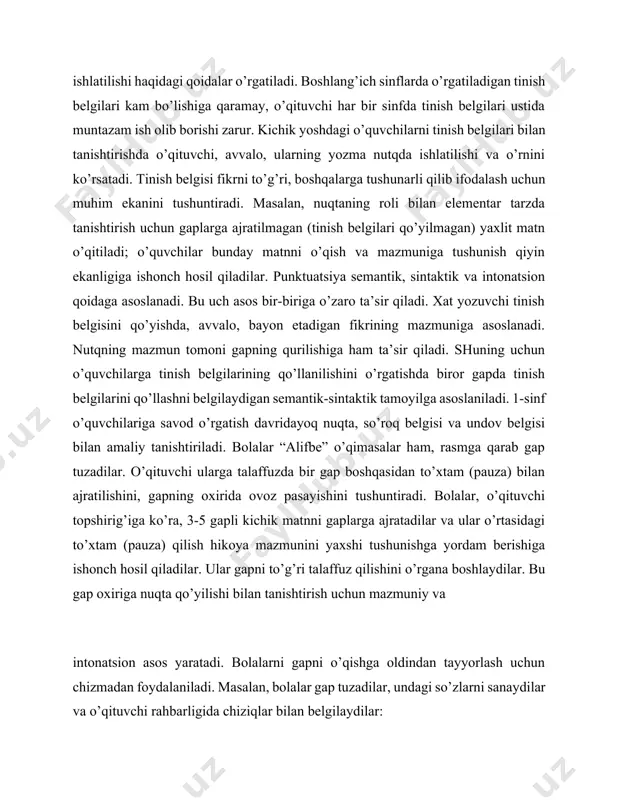 a ko’ra, 3-5 gapli kichik matnni gaplarga ajratadilar va ular o’rtasidagi to’xtam (pauza) qilish hikoya mazmunini yaxshi tushunishga yordam berishiga ishonch hosil qiladilar. ular gapni to’g’ri talaffuz qilishini o’rgana boshlaydilar. bu gap oxiriga nuqta qo’yilishi bilan tanishtirish uchun mazmuniy va intonatsion asos yaratadi. bolalarni gapni o’qishga oldindan tayyorlash uchun chizmadan foydalaniladi. masalan, bolalar gap tuzadilar, undagi so’zlarni sanaydilar va o’qituvchi rahbarligida chiziqlar bilan belgilaydilar: biz ertakni sevamiz._____ _____ ______ . ovqat pishdi.____ _____ . o’qituvchi quyidagi mazmunda tushuntiradi: – og’zaki nutqda bir gapni ikkinchisidan pauza (to’xtam) bilan ajratamiz (har bir gapni talaffuz qilib ko’rsatadi). kitoblarda, gazetalarda gapning tugaganini, ovozni pasaytirish va pauza qilish kerakligini ko’rsatish uchun alohida belgi – nuqta ishlatiladi. bir necha darsdan so’ng o’quvchilar gaplarni o’qiy boshlaydilar. ular nuqta pasaytirish, pauza qilishga belgi ekanini tushunadilar. kesma harflardan gap tuzishda albatta nuqtali kartochkalardan foydalaniladi. o’quvchilar gapni yozganda o’qituvchi nuqta qo’yishni eslatadi, ishni tekshiradi. gapning oxiriga nuqta qo’yilmasa, xato hisoblanadi. …