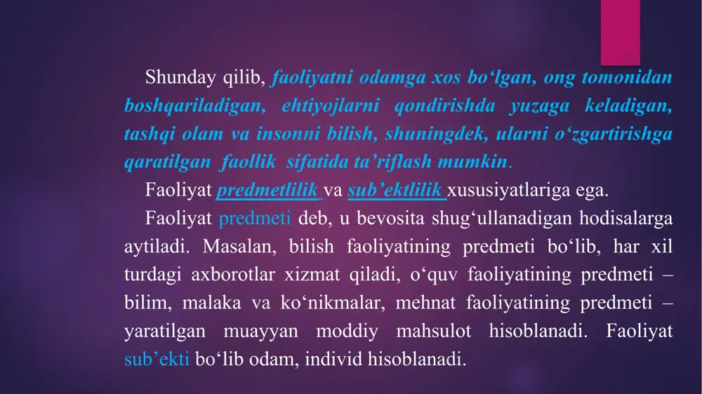 nali sonlarni ko‘paytirish amalini xotirada va misolni ustuncha shaklida yozgan holda echish mumkin. bu bir xildagi matematik misolning ikki turlicha usuli yoki ikki xil amal bo‘ladi. faoliyat nazariyasida ma’lum sharoitlardan ko‘zlangan maqsad masala deb ataladi. masala echish jarayonini tasvirlashda ularni amalga oshiruvchi harakatlarni ham, muolajalarni ham ko‘rsatish lozim. muolajalarning asosiy xossasi ularning kamroq anglanganligi yoki umuman anglanmaganligidan iborat. bu xossalari bilan muolajalar ongli maqsadni ham, harakatning bajarilishini nazorat qilishni ham belgilab beradigan harakatlardan tamomila farq qiladi. muolajalar ikki turga bo‘linadi: ba’zilari adaptatsiya, moslashish, bevosita taqlid qilish yordamida yuzaga keladi; boshqalari harakatlarni avtomatlashtirish vositasida paydo bo‘ladi. birinchi turdagi muolajalar anglanmaydi, ularni ongimizda, hatto, maxsus vositalar yordamida ham hosil qilish mumkin emas. ikkinchi tur muolajalar ong chegarasida joylashadi. ular osongina dolzarb anglanuvchilarga aylanishi mumkin faoliyat tuzilishidagi eng quyi daraja – psixofiziologik vazifalarni ko‘rib chiqamiz. faoliyat nazariyasida bu vazifalarga psixik jarayonlarning fiziologik ta’minoti kiradi. ularga odam organizmiga xos bo‘lgan his etish, o‘tmish taassurotlarining …