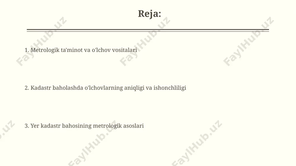 lchov aniqligi koeffitsienti kadastr narxini aniqlashda muhim ahamiyatga ega. misol uchun, 0.9 dan past koeffitsient yer uchastkasining soliq bazasiga ta'sir qilishi mumkin. standartlashtirish va sertifikatlashtirish o‘zbekistonda standartlashtirish 1993-yildan boshlangan bo‘lib, "standartlashtirish to‘g‘risida"gi qonun bilan tartibga solinadi. 5000 dan ortiq davlat standartlari (o'zdst) ishlab chiqilgan va qo'llanilmoqda. ma'lumot xulosa va istiqbollar kelajakda kadastr bahosi jarayonida sun'iy intellekt algoritmlarini qo'llash, massiv ma'lumotlarni tahlil qilish va baholashning aniqligini 15% gacha oshirish imkonini beradi. xulosa va istiqbollar e'tiboringiz uchun rahmat @taqdimot_robot image2.jpg image3.jpg image4.jpg image5.jpg image6.jpg image7.jpg image8.jpg