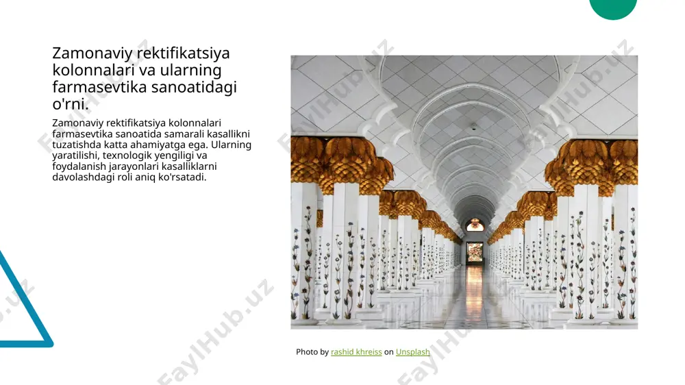 'mol qilishda samarali va toza mahsulotlarni ishlab chiqarishda katta ahamiyatga ega. 02 texnologik rivojlanishlar mustahkamlash yo'li, rektifikatsiya kolonlarining so'nggi texnologik rivojlanishlardan foydalanishni ta'minlaydi. bu, sanoatda innovatsiyalarning muhim bo'limini tashkil etadi. 03 tashqi va ichki qulayliklar mustahkamlash yo'li, rektifikatsiya kolonlarining tashqi va ichki qulayliklarni oshirishga yordam beradi. bu, operatsion samaradorlikni oshirish va texnikaviy muammo yechishda yordam beradi. farmasevtik dori islohotlarida rektifikatsiya kolonlarining asosiy funksiyalari farmasevtik dori islohotlarida rektifikatsiya kolonlarining asosiy funksiyalari tozalash va ajratilishda muhim rol o'ynaydi. ular dori mahsulotlarini yuqori sifatli bo'lish uchun zarur bo'lgan tarkibiy qismlarni ajratadi. photo by anastasia vishnevetskaya on unsplash rektifikatsiya kolonlarining farmasevtik kimyoviy tarkibga tesiri 01 tarkibdagi o'zgarishlar rektifikatsiya kolonlari farmasevtik kimyoviy tarkibni tozalashda o'zgarishlar yaratadi, nisbatan tozalash, kimyoviy qo'llanishni oshirish va dori islohot sifatini ta'minlash. 02 kimyoviy faoliyat farmasevtik kimyoviy tarkibga tesir qilish orqali, rektifikatsiya kolonlari dori islohotlaridagi kimyoviy faoliyatni oshirishi, faol kimyoviy moddalar tuzilmalarini yengilaydi. 03 o'zlashtirish va ta'sir rektifikatsiya kolonlari farmasevtik kimyoviy …