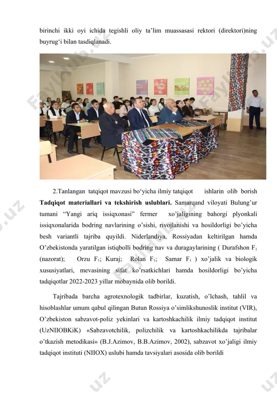 gi (unib chiqish va hosilni yigʼib olish oldidan); - fenologik kuzatish – davlat nav sinash komissiyasi (1984) uslubi boʼyicha; - biometrik oʼlchashlar (oʼsimlik buyi, poya va yon poyalar soni, barg soni va sathi kabilar) ilmiy – tadqiqot instituti (niikx, 1967) uslubi boʼyicha; - oʼsimlikning virusli kasalliklar bilan kasallanishi koʼz bilan koʼrib, x, s, u, m – viruslar mavjudligi serologik yoki immunoferment analizlari yordamida aniqlandi; - tupning mahsuldorligi har bir variantda 10 tadan tup oʼsimlik ajratib olinib bir tup hosili soni va oʼrtacha bitta meva vazni boʼyicha taʼriflandi; - hosil toʼplash tezligi unib chiqqanning 30,35,40 va 45 nchi kunlari tuplardagi mevalar ilmiy-tadqiqot instituti uslubi (1967) boʼyicha baholandi; - hosildorlik, tovarbop mevalar chiqimi, koʼpayish koeffitsenti - hosildorlik koʼrsatkichlari dispertsion analiz usuli bilan b.a.dospexov (1979) boʼyicha statistik tahlil qilindi; samarqand viloyati bulung’ur tumani “yangi ariq issiqxonasi” ilmiy tadqiqotim bo’yicha fevral oyining 1-dekadasida samarqand viloyati bulung’ur tumani “yangi ariq issiqxonasi”da tajriba variantlarimni qo’yib va …