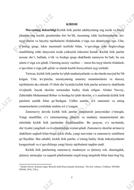 shakllarda rivojlanib, buyuk shoirlar tomonidan badiiy ifoda etilgan. alisher navoiy, zahiriddin muhammad bobur va boshqa ko‘plab shoirlar, o‘z asarlarida kichik lirik janrlarni ustalik bilan qo‘llashgan. ushbu asarlar, o‘z zamonasi va uning muammolarini yoritishda muhim rol o‘ynagan. zamonaviy davrda kichik lirik janrlar yangilanish jarayonidan o‘tmoqda. yangi mualliflar, o‘z zamonasining ijtimoiy va madaniy muammolarini aks ettirishda kichik lirik janrlardan foydalanadilar. bu jarayon, o‘z navbatida, she’riyatni yangilash va rivojlantirishga xizmat qiladi. zamonaviy shoirlar an'anaviy shakllarni saqlash bilan birga, erkin ifoda, yangi mavzular va zamonaviy uslublarni qo‘llaydilar. shu sababli, kichik lirik janrlar, o‘zining badiiy ifoda imkoniyatlarini kengaytiradi va o‘quvchilarga yangi hissiy tajribalarni taqdim etadi. kichik lirik janrlarning zamonaviy madaniyat va ijtimoiy roli, shuningdek, ijtimoiy tarmoqlar va raqamli platformalar orqali keng tarqalishi bilan ham bog‘liq. internet, yozuvchilar va o‘quvchilar o‘rtasida yangi aloqalar yaratadi va bu jarayon mualliflarga o‘z asarlarini keng auditoriyaga yetkazish imkonini beradi. shuningdek, zamonaviy kichik lirik janrlar ko‘plab madaniyat va san'at shakllari bilan …