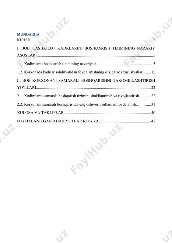 ko ’tarishni asosiy maqsadlardan biri qilib belgiladi. korxona miqyosida, mulkning shakli va unga bo’lgan munosabatdan qat’iy nazar, xodimlar samarali faoliyat ko’rsatishi va ularning jismoniy va aqliy salohiyatidan to’laroq foydalanish hamda har bir tashkilot oldiga qo’ygan maqsadga erishish uchun xodimlarning boshqaruv tizimini oqilona tashkil etish muhimdir. o’zbekiston respublikasining jahon iqtisodiy xo’jalik tizimiga chambarchas bog’lanayotganligi va bozor iqtisodiyotiga bosqichma-bosqich o’tayotganligi natijasida xalq xo’jaligi miqyosida yangi mulk shaklidagi korxonalar, kompaniyalar, firmalar, jamiyatlar shakllanayotganligi munosabati bilan boshqarishning mazmunan yangi turi bo’lgan menejmentni o’rganishga bo’lgan ehtiyoj tobora ortib bormoqda. o’zbekiston respublikasining birinchi prezident i. a. karimov ta’kidlaganidek — "bugungi kunning eng muhim vazifasi hayotimizning barcha sohalarida, ayniqsa, boshqaruvda, respublika miqyosida, viloyat, shahar, tuman, qishloq va mahallalarni boshqarishda, tarmoq bo’g’inlarini idora etishda, yangicha fikrlaydigan, qiyin damlarda ma’suliyatni o’z zimmasiga ola biladigan, hayot bilan hamqadam yurishga qodir, iymoni pok, bilimdon, ishbilarmon odamlarni topish, ularga ishonch bildirishdan iboratdir »[footnoteref:1] degan so’zlari bugungi kunda dolzarb ahamiyat kasb etmoqda. [1: …