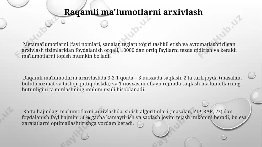 ertatsiya qilish jarayonida 10 dan ortiq turli formatlarni qo'llab-quvvatlaydigan konvertatsiya dasturlari mavjud bo'lib, ularning har biri o'ziga xos afzallik va kamchiliklarga ega. grafika fayllarini tahrirlash grafik fayllarni tahrirlashda, masalan photoshopda, 300 dpi va undan yuqori piksel zichligi bilan ishlash tasvir sifatini yaxshilaydi va chop etish uchun ideal natija beradi, shuningdek, skalyar grafikalar vektor grafikalarga qaraganda ancha katta fayl hajmini egallaydi. ranglarni tuzatish va sozlash uchun rgb yoki cmyk rang modellaridan foydalanish mumkin, bu yerda har bir model 256 dan ortiq ranglarni ifodalaydi, asosiy ranglarni moslashtirish orqali kerakli effektlarga erishish mumkin. fayl hajmini kamaytirish uchun jpeg siqish algoritmini qo'llash mumkin, bu esa fayl hajmini 10-20% ga kamaytiradi, ammo ba'zi ma'lumotlar yo'qotilishiga olib kelishi mumkin, shu sababli yo'qotishsiz png formatidan foydalanish tavsiya etiladi. raqamli fayllarni qisqartirish zip yoki rar kabi arxivalash vositalaridan foydalanib, bir nechta fayllarni bitta arxivga joylashtirish orqali, o'rtacha 30-50% gacha hajmini qisqartirish mumkin, bu esa saqlash joyini tejaydi. video …
