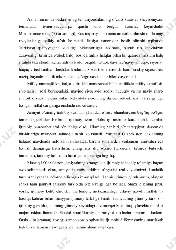 davomida bir-birlariga muayyan salmoqli ta’sir ko’rsatadi. mustaqil o’zbekiston davlatining halqaro maydonda nufo’zli mamlakatga, barcha sohalarda rivojlangan jamiyatga ega bo’lish darajasiga kutarilishi, uning ana shu o’zaro funksional ta’sirda buluvchi tomonlari, tarkibiy bo’laqlari holatiga harakteriga bog’liq. mustaqil o’zbekiston jamiyatining ertangi kun ijtimoiy-iqtisodiy to’zmiga bugun asos solinmokda ekan, jamiyat ijtimoiy tarkibini o’rganish real xayotimizni, kundalik turmushni yanada to’laroq bilishga xizmat qiladi. har bir ijtimoiy guruh ayrim, olingan shaxs ham jamiyat ijtimoiy tarkibida o’z o’rniga ega bo’ladi. shaxs o’zining jinsi, yoshi, ijtimoiy kelib chiqishi, ma’lumoti; mutaxassisligi, oilaviy axvoli, millati va boshqa kabilar bilan muayyan ijtimoiy tarkibga kiradi. jamiyatning ijtimoiy tarkibi – ijtimoiy guruhlar, ularning ijtimoiy xayotdagi o’z mavqei bilan farq qiluvchitomonlari majmuasidan iboratdir. sotsial stratifikatsiya nazariyasi (lotincha stratum – katlam, fatsio – bajaraman) xozirgi zamon sotsiologiyasida ijtimoiy differensianing murakkab tarkibi va tizimlarini o’rganishda muhim ahamiyatga ega. mustaqil o’zbekistonda bozor munosabatlarining tarkib topib borishi, xususiy va boshqa mulk shaqllarini qonuniy deb e’lon qilinishi bilan kishilarning …