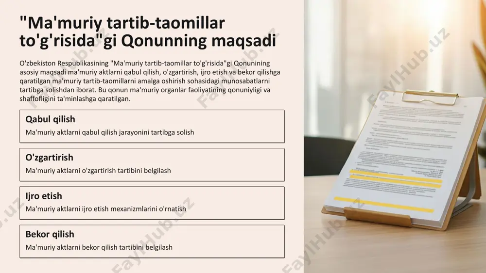 tdor shaxslar foydasiga talqin qilinadi. kelishmovchiliklar yo'qligi bu prinsip manfaatdor shaxslar o'rtasida kelishmovchiliklar bo'lmaganda qo'llaniladi. byurokratik rasmiyatchilikka yo'l qo'yilmasligi prinsipi 1 qiyinchilik tug'dirish taqiqi manfaatdor shaxslarga ortiqcha majburiyatlar yuklash taqiqlanadi. 2 huquqlarni cheklash taqiqi faqat rasmiy qoidalarga rioya etish maqsadida huquqlarni cheklash mumkin emas. 3 vijdonan harakat manfaatdor shaxs vijdonan harakat qilgan bo'lsa, rasmiy qoidalar buzilishi asos bo'lmaydi. mazmunan qamrab olish prinsipi 1 takroriy talablar taqiqi ilgari bajarilgan talablarni qayta qo'yish mumkin emas. 2 hujjatlar mazmuni taqdim etilgan hujjatlar boshqa zarur hujjatlar mazmunini o'z ichiga olsa, qo'shimcha talab qilinmaydi. 3 tartib-taomillar qamrovi bir tartib-taomil boshqalarini o'z ichiga olsa, ular ham amalga oshirilgan hisoblanadi. "bir darcha" prinsipi yagona murojaat joyi ma'muriy ish yuritish "bir darcha" prinsipi bo'yicha amalga oshiriladi. hujjatlarni mustaqil olish ma'muriy organ zarur hujjatlarni mustaqil ravishda oladi. idoralararo hamkorlik ma'lumotlar idoralararo o'zaro hamkorlik orqali olinadi. teng huquqlilik prinsipi bir xil yondashuv bir xil holatlarga ega ma'muriy ishlar teng ravishda …